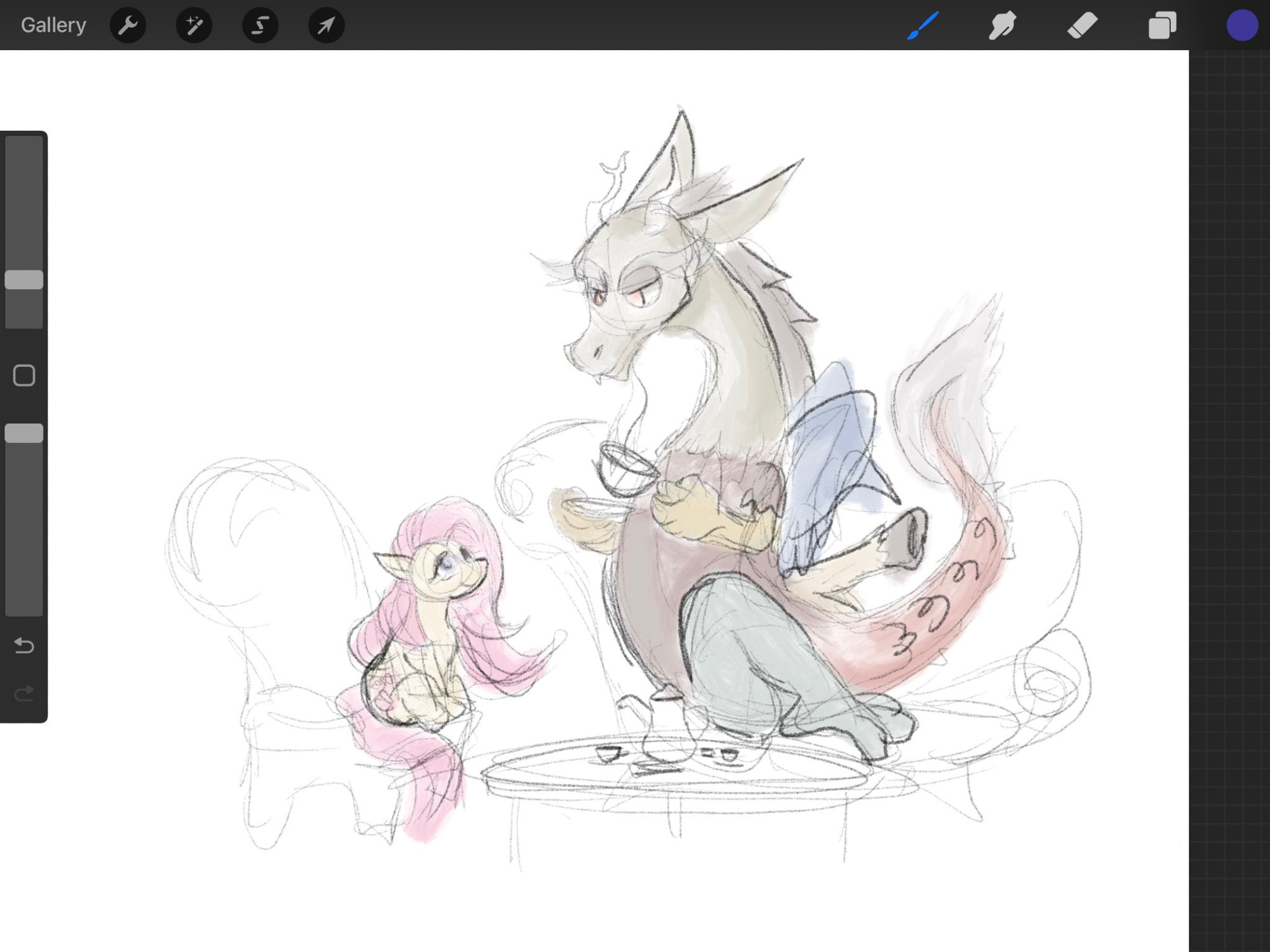 a sketchy drawing of discord awkwardly lying down on a tantra couch and fluttershy looking up at him like a puppy dog. They're having tea. Discord's legs are funnily spread because I wanted to try posing him more comfortably but instead he ended up looking like a turkey ready to be stuffed for prancegiving