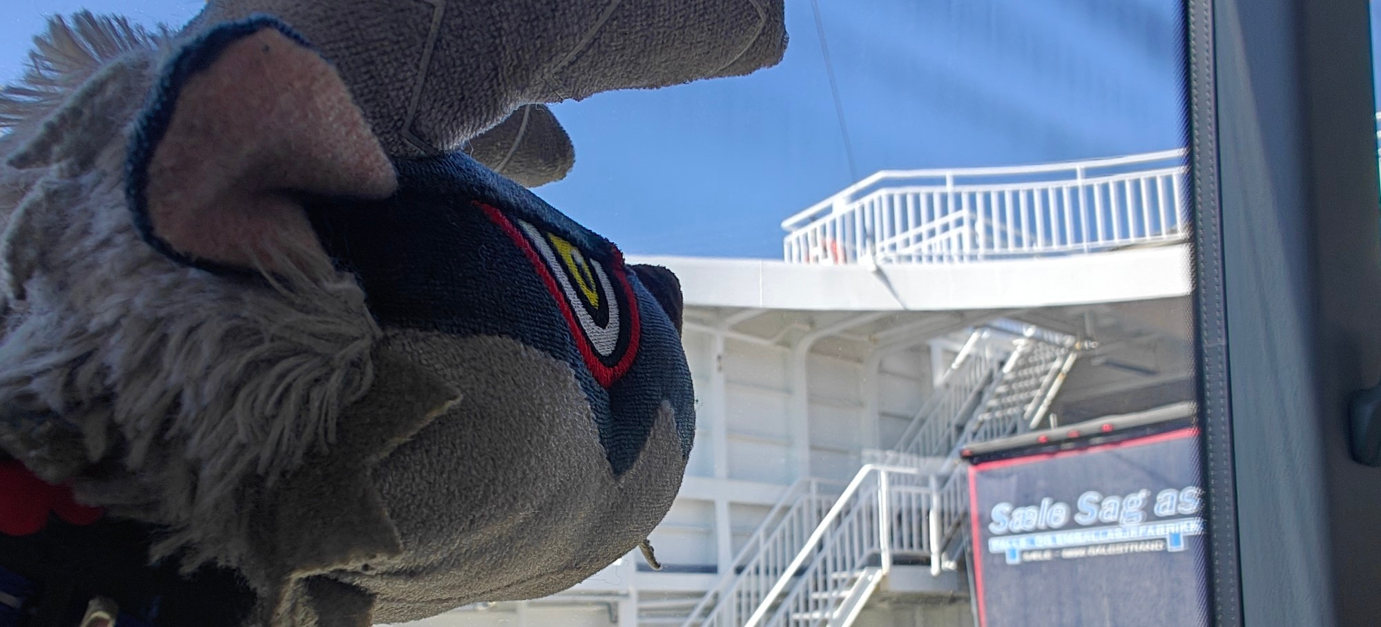 Deformed Stygian Zinogre plushie looking out the window of a bus on a ferry. There's not a cloud in the sky