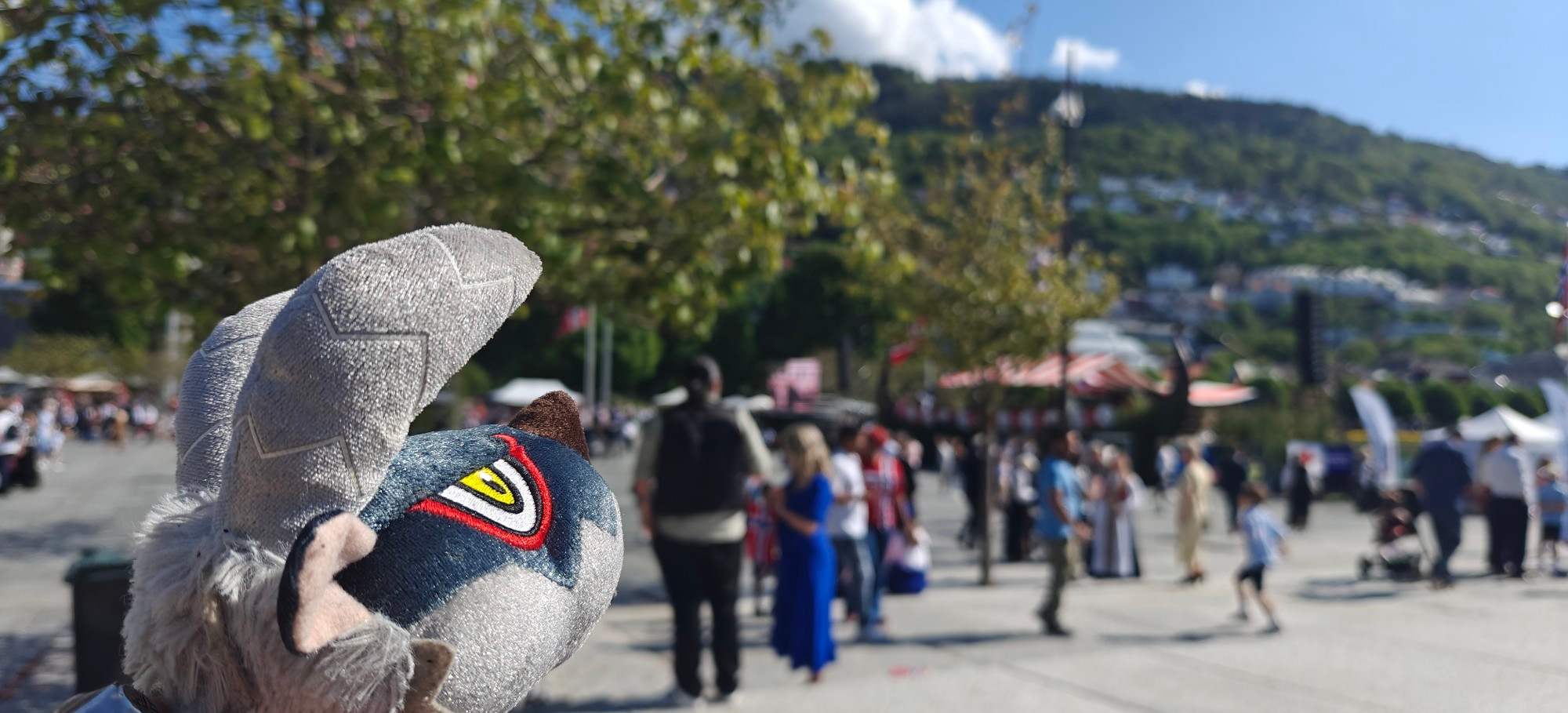 Deformed Stygian Zinogre plushie in front of a crowd on a beautiful sunny day. Norwegian flags can be seen in the background