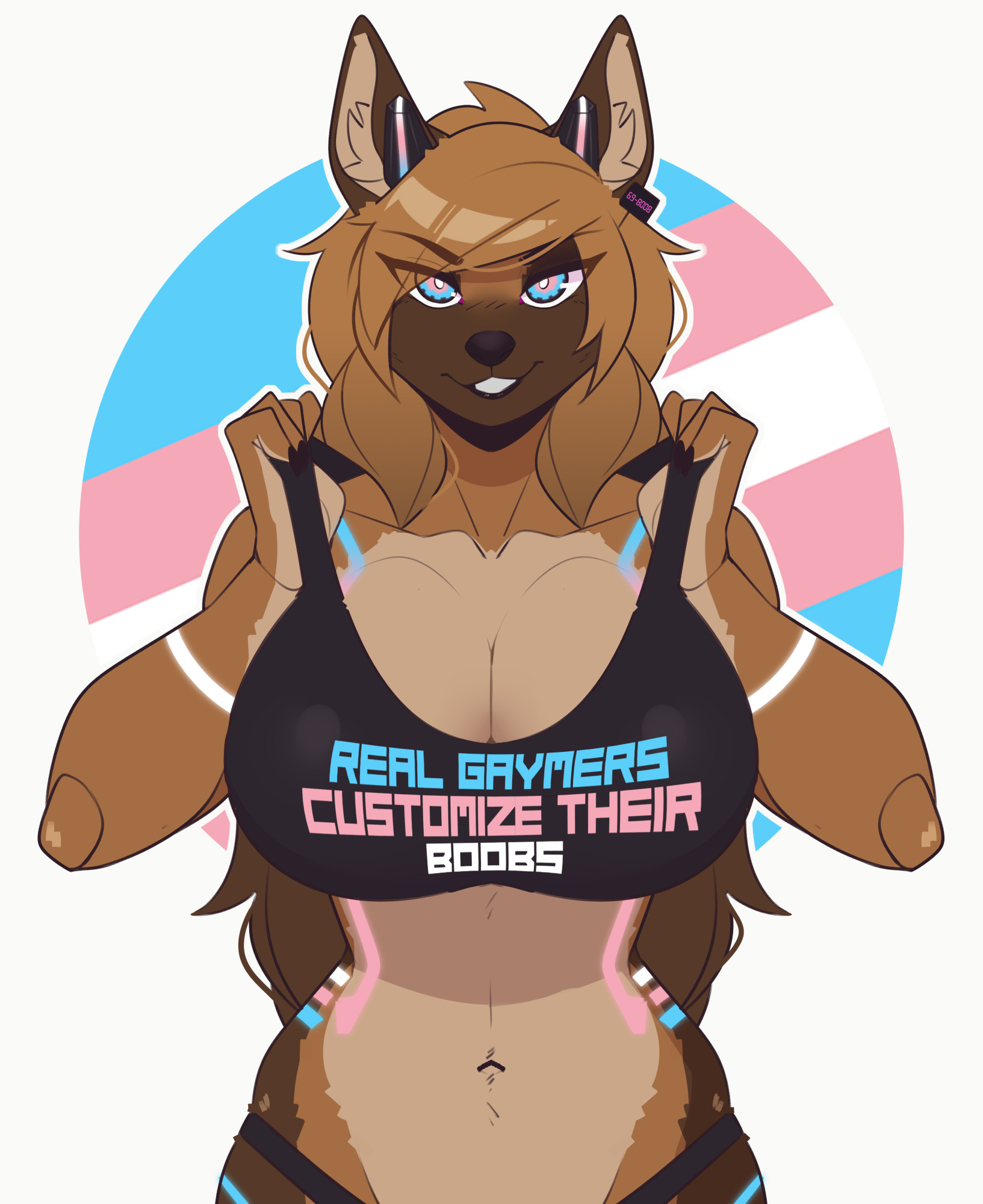 Art of Josh with a crop top reading "Real Gaymers Customize Their Boobs". Josh is an anthron german shepherd lady with trans-colored eyes, black polymer cyberhorns, and cyberlines. Said cyberlines are in this piece Trans-colored too. She has several piercings, and a wildlife tag in her lef ear reading "69-8008". She is having a sly smile looking right at the viewer