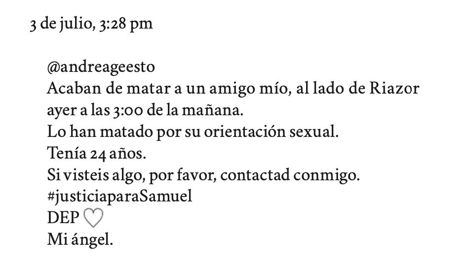 Tuit de una amiga de Samuel denunciando su asesinato