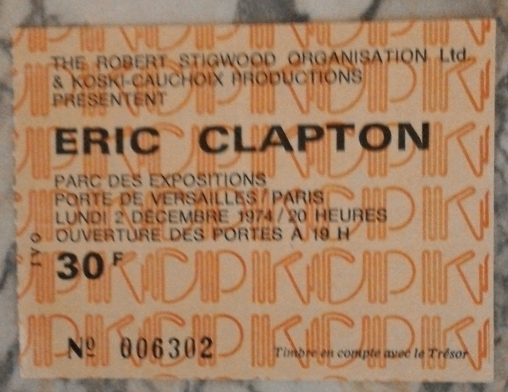 Ticket de concert d'Éric Clapton au parc des Expositions, décembre 1974