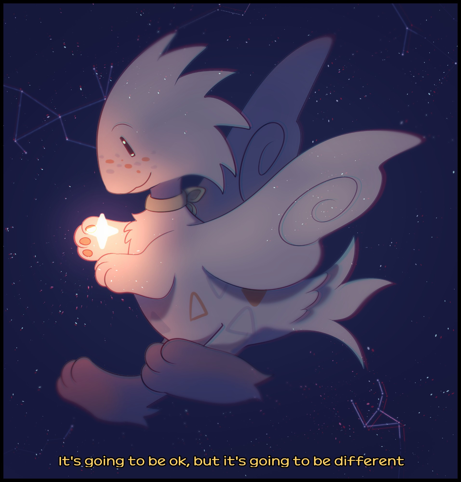 A togetic flying in a starry sky, surronded by constellations and he is holding a star. A quote below the drawing says "it's going to be ok, but it's going to be different"