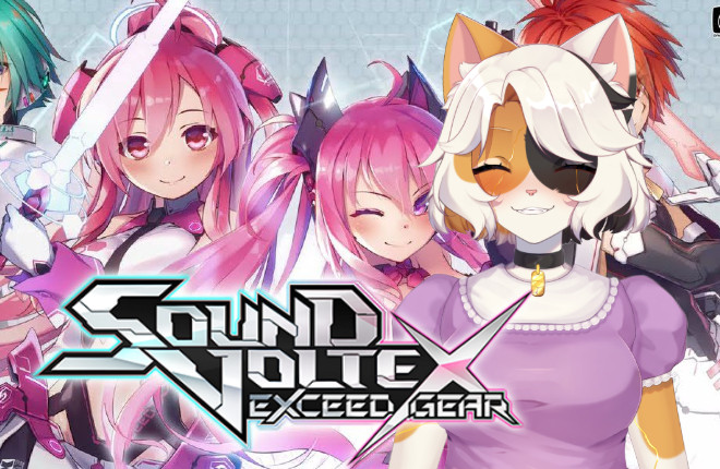 A catgirl with calico markings in a purple dress next to the logo for Sound Voltex: Exceed Gear