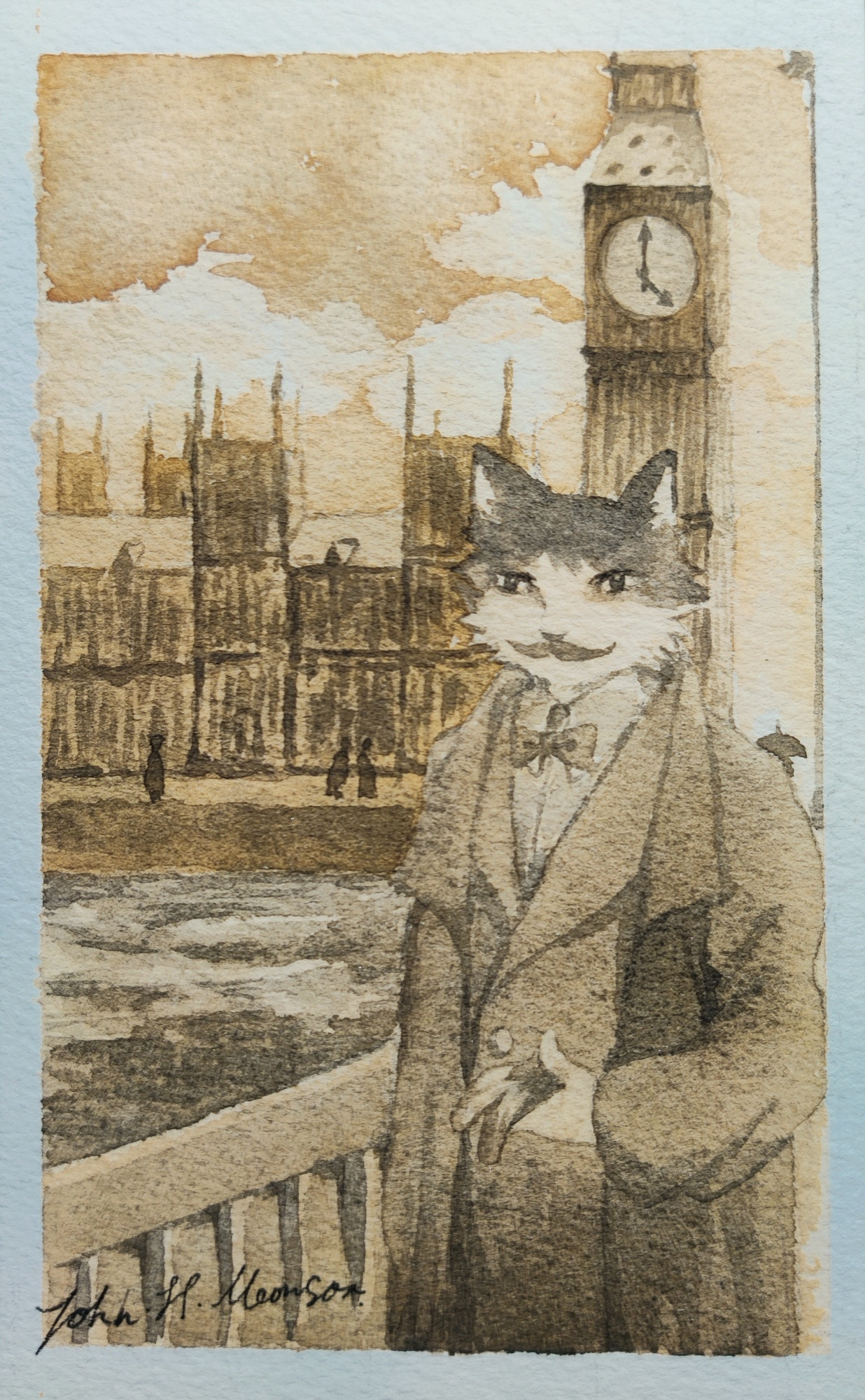 A watercolor painting of a tuxedo cat in Victorian gentleman's attire. House of Parliament and the Big Ben can be seen in the background
