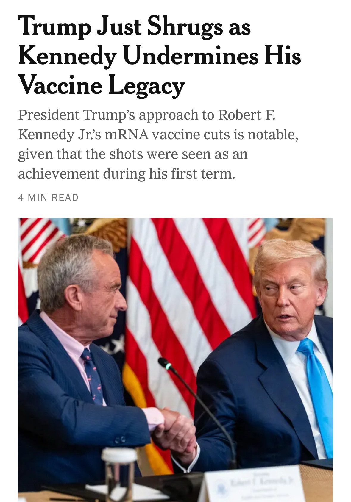 Headline that says Trump “just shrugs…” with photo of him shaking RFK’s hand in front of an American flag.