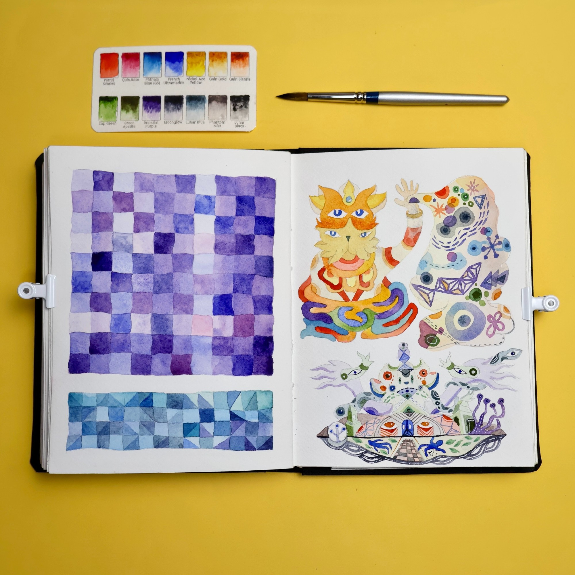 Sketchbook spread with watercolors. A grid of squares on the left and some character illustrations on the right.