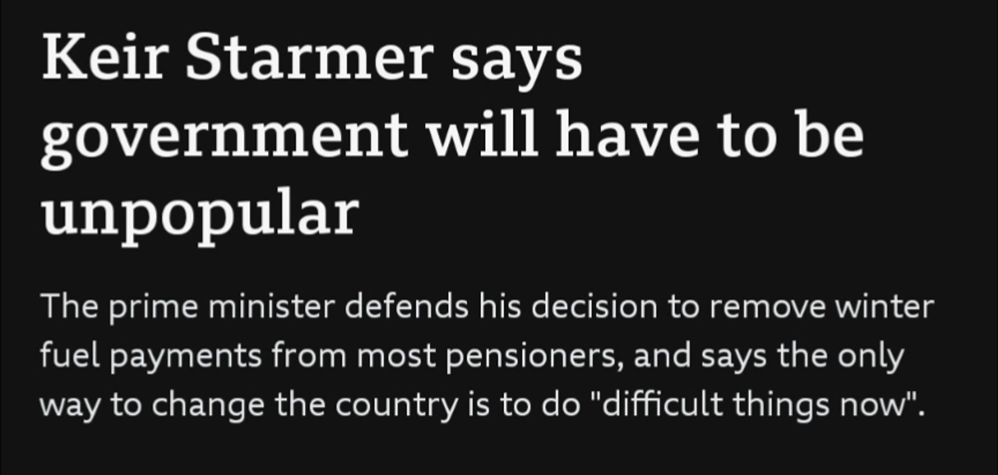 Screenshot of headline saying Keir Starmer says government will have to be unpopular