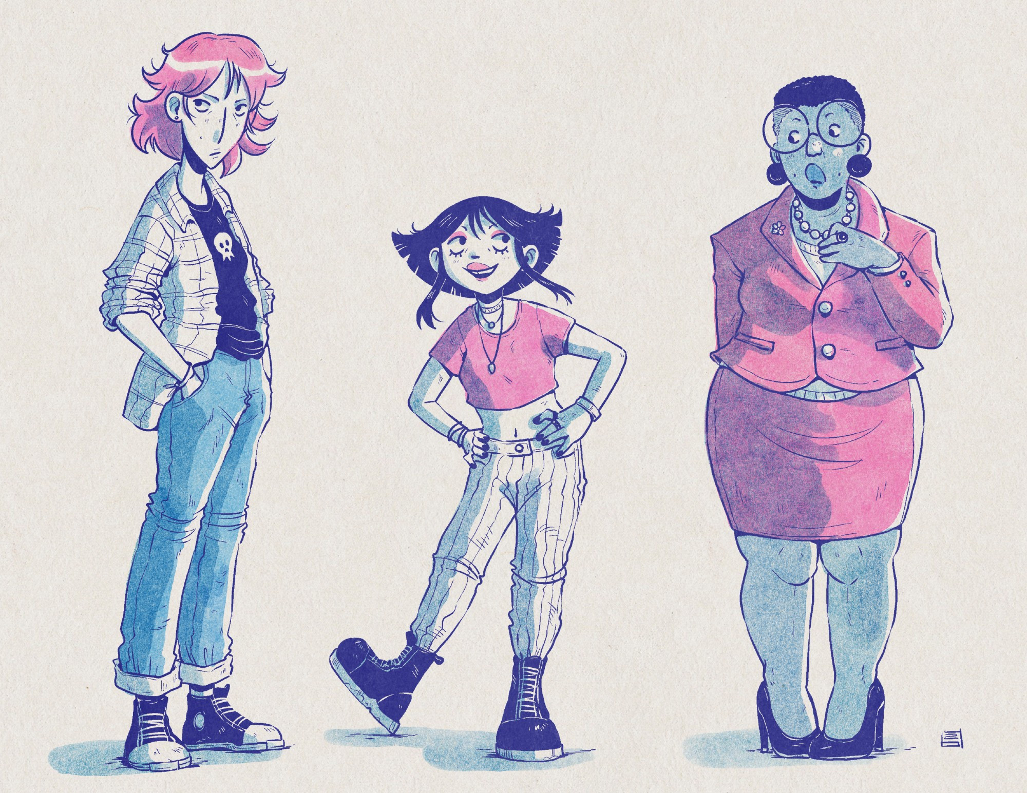 A blue and pink drawing of the three main characters of the book I'm working on, titled IN TRANSIT. They're all women. Maryse is tall and lean, wearing a skull tee and a flannel shirt, and jeans. Adeline is the shortest one with black hair, a crop top and striped pants, and combat boots. Simone is wearing a suit and skirt, jewelry, and heels. The illustration mimics what a riso-printed illustration might look like.