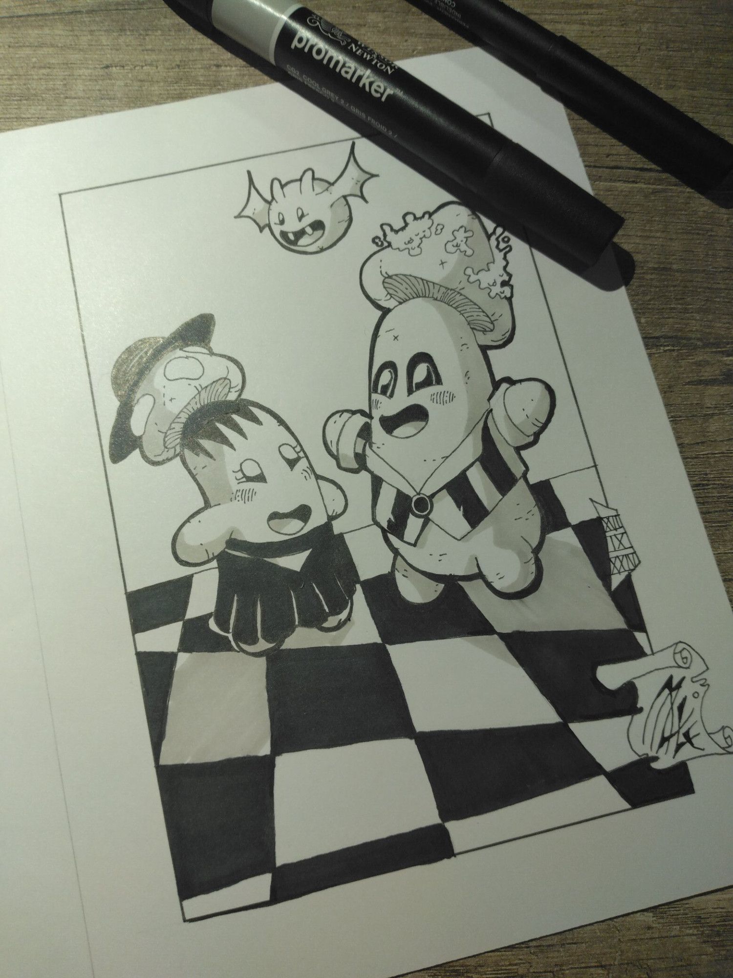 Dessin de Beetlejuice et Lydia en champignon survolés par une petite chauve-souris