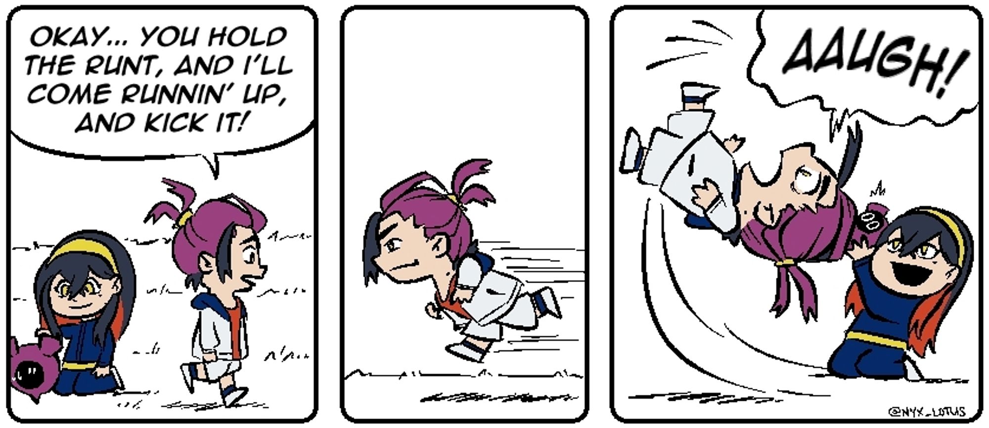 a comic parodying a classic peanuts goof featuring carmine, kieran, and pecharunt from pokémon scarlet/violet. panel one shows carmine holding pecharunt on the ground like a football, ready to be kicked. kieran gets in position, saying, "okay, you hold the runt, and i'll come runnin' up, and kick it!" panel two shows kieran running. panel three shows carmine snatching pecharunt away just as kieran goes to kick it. kieran flies through the air shouting, "AAUGH!"