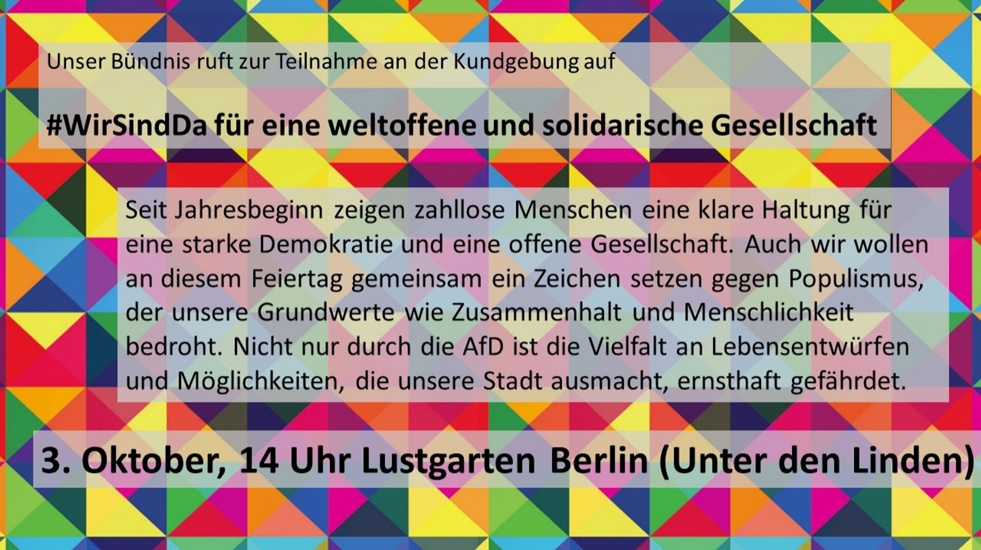 Aufruf zur Demo in Berlin für eine weltoffene und solidarische Gesellschaft am 03.10.24, 14 Uhr im Lustgarten.