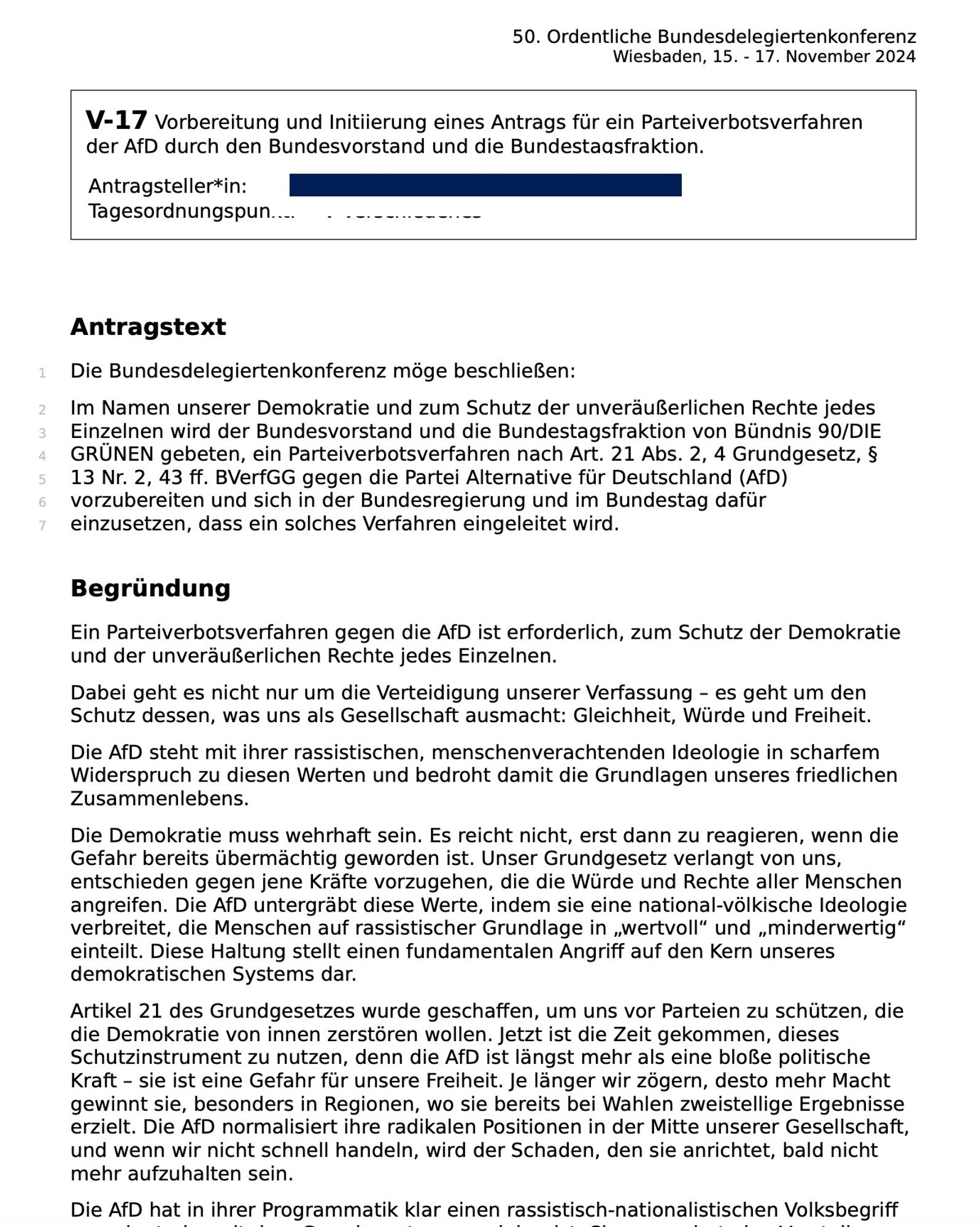 Antrag zum Grünen-Parteitag zur Prüfung eines AfD-Verbotes.