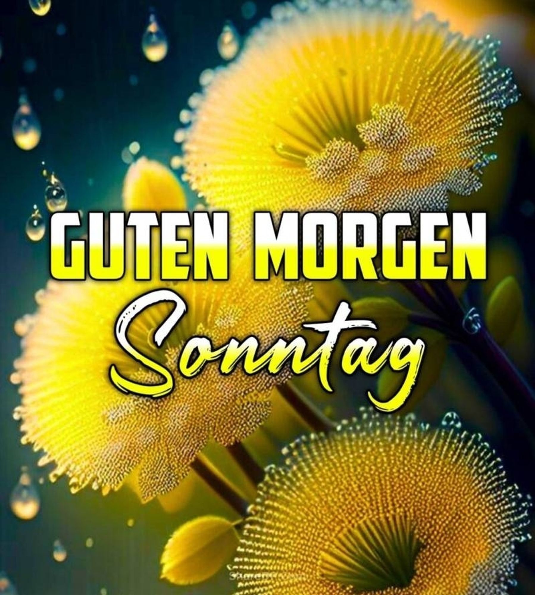 3 Zarte gelbe Blüten mit winzigen Tautropfen an den Spitzen. Ein paar Regentropfen fallen, in denen sich das Gelb der Blüten spiegelt. 
Schrift: "Guten Morgen Sonntag"