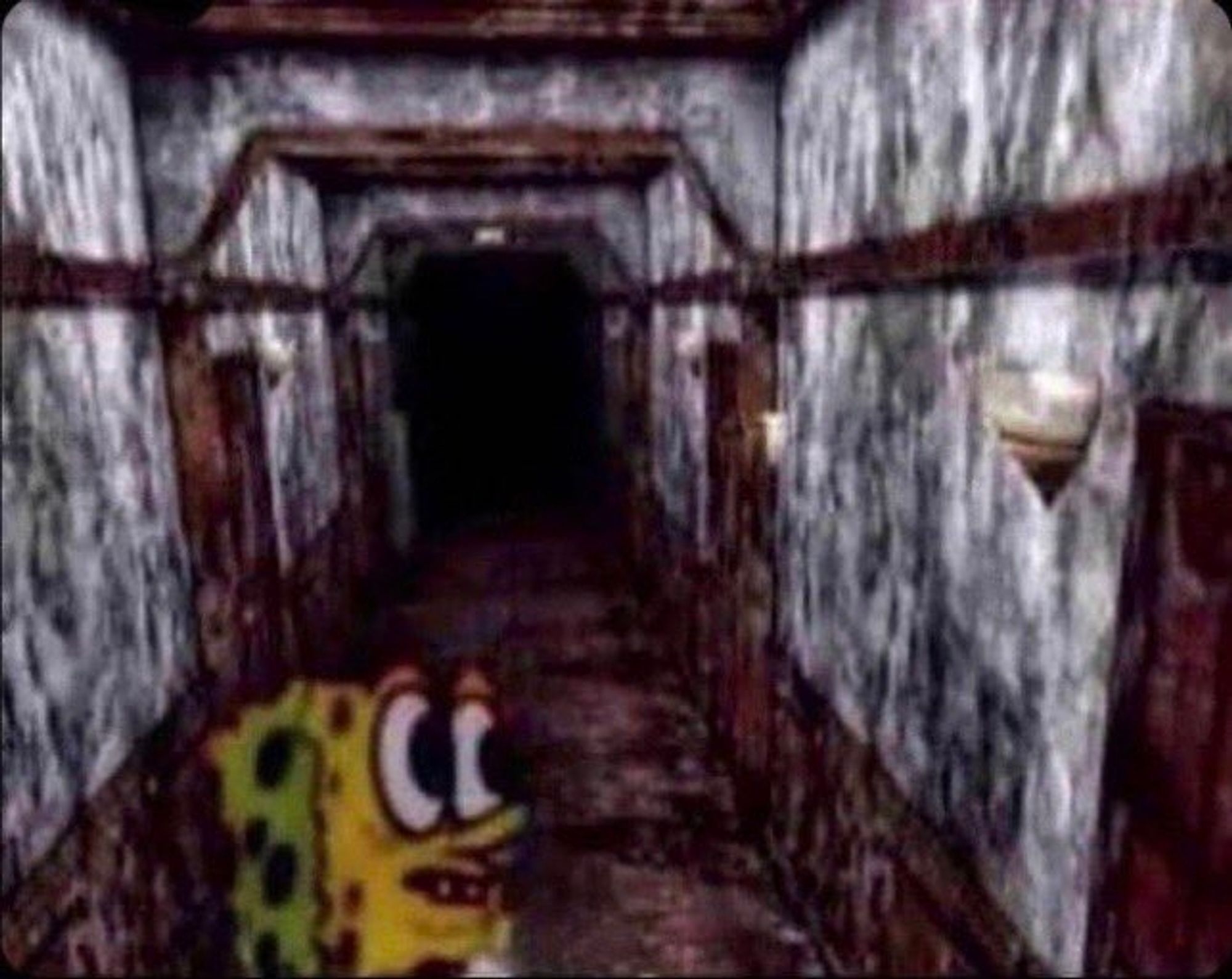 A frightened SpongeBob SquarePants in the Silent Hill 2 hallway