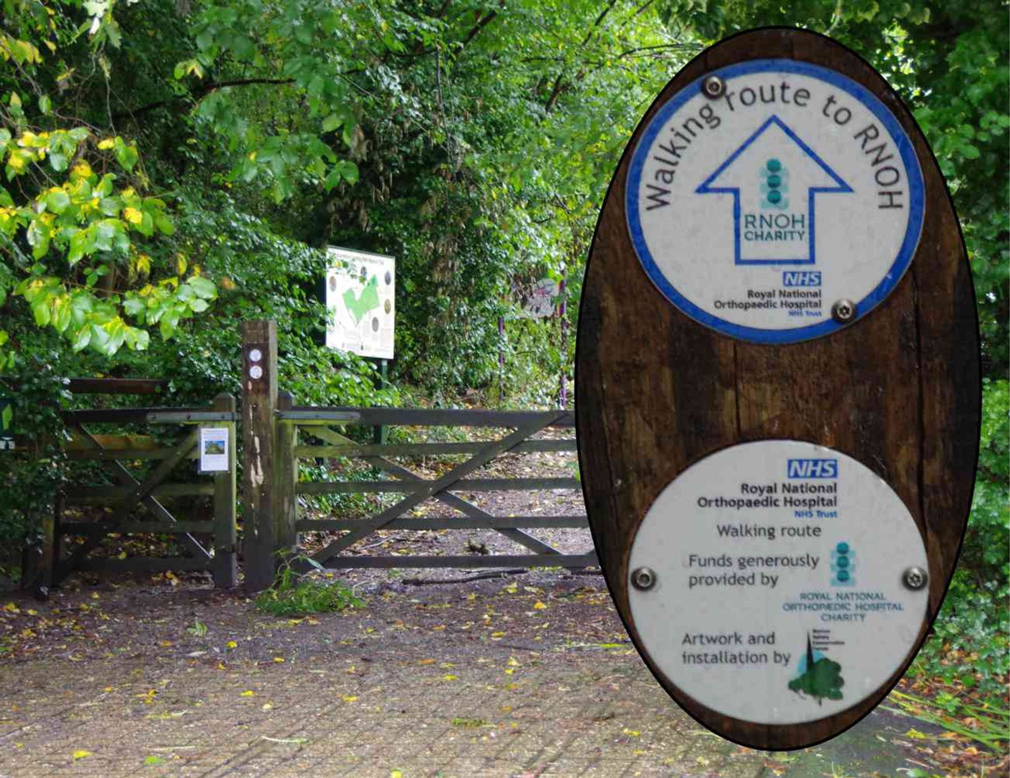 Gate at Kerry Avenue showing walking route roundels