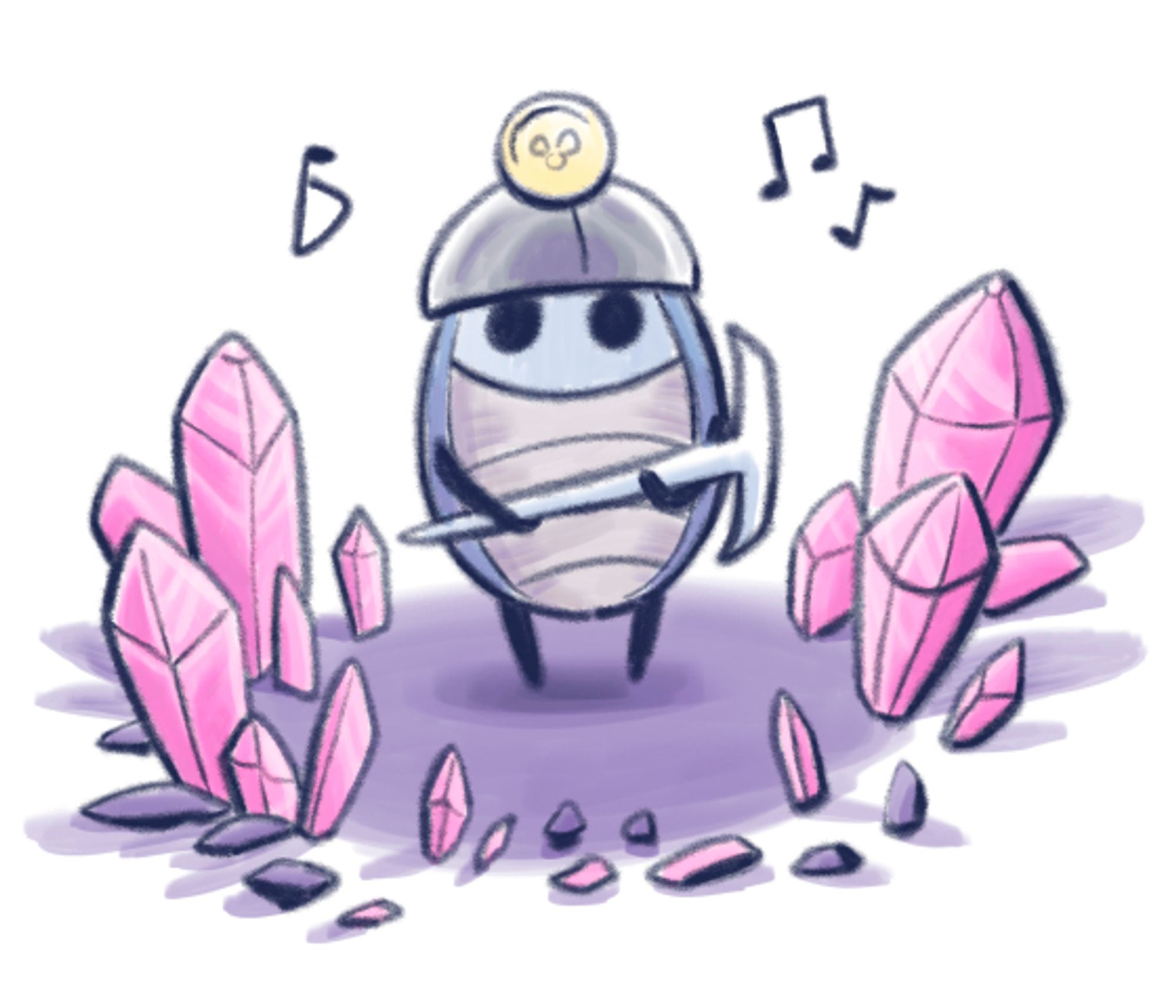 A digital sketch of Myla from Hollow Knight. She is a small anthro bug child staring at the viewer, wearing a Lumafly headlamp and carrying a pickaxe. She is surrounded by shiny pink crystals.