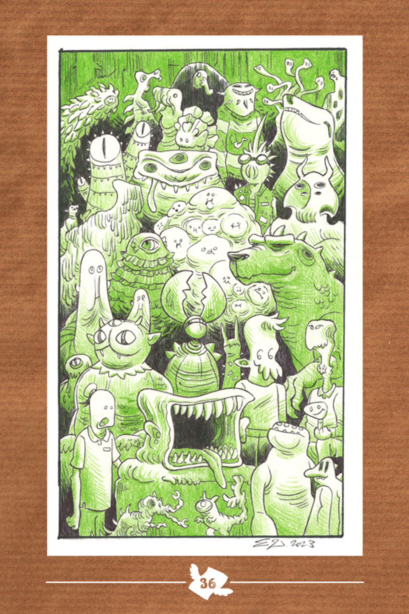 A crowd of very weird guys, drawn in ballpoint pen and a green Crayola pencil