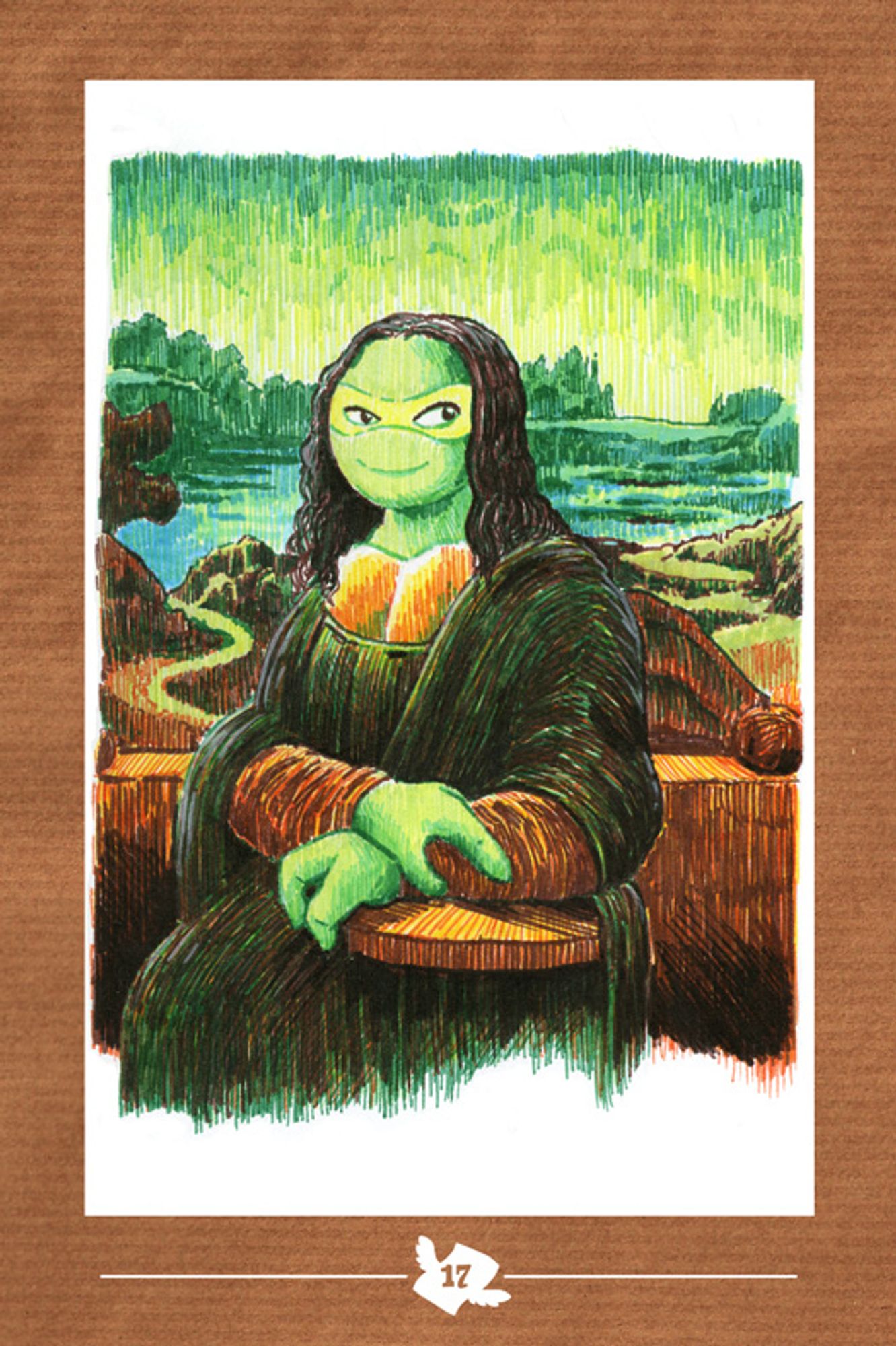 The Mona Lisa, but she's a Ninja Turtle, drawn with a variety of dollar store markers.