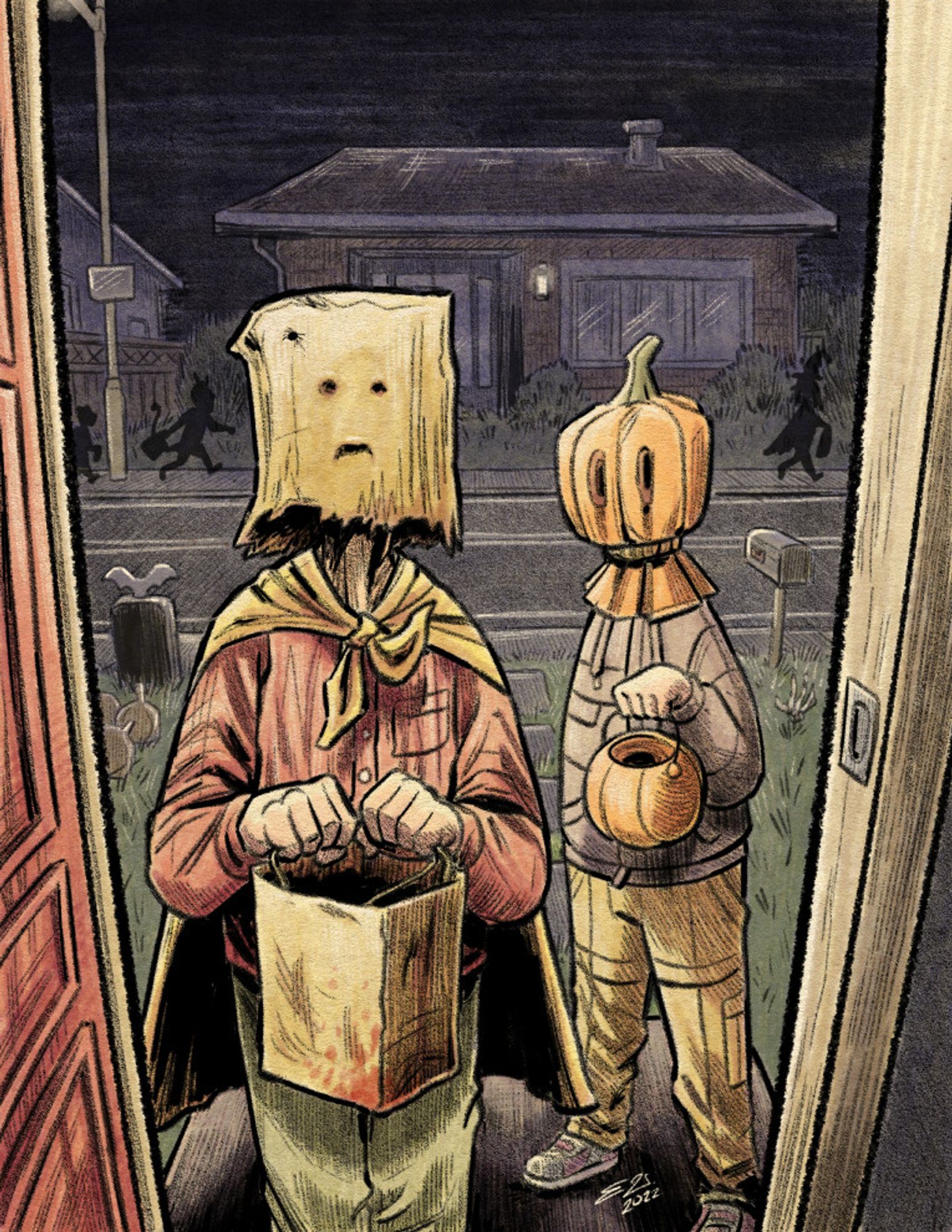 A digital pencil illustration of two unsettling figures, who may or may not be human, standing in the doorway of a house, holding out trick-or-treat bags. One of the bags is stained with something (blood?). In the background, more trick or treaters can be seen in silhouette.