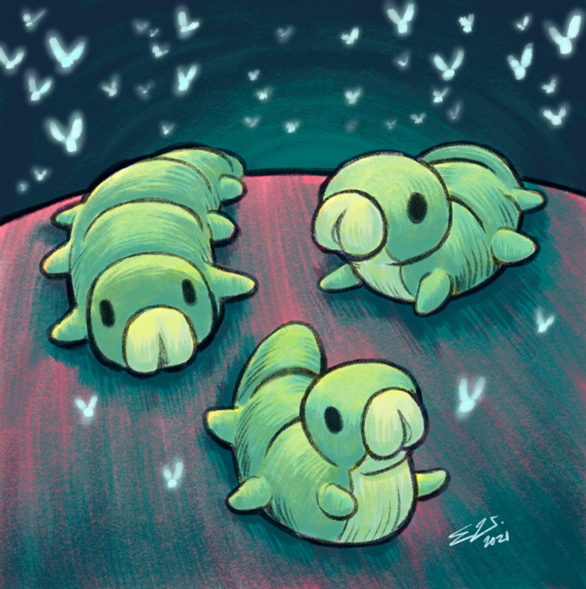 A digital illustration of three grubs from Hollow Knight. They are cute green caterpillar-like creatures crawling on a dark red and turquoise backdrop, surrounded by small glowing Lumaflies.