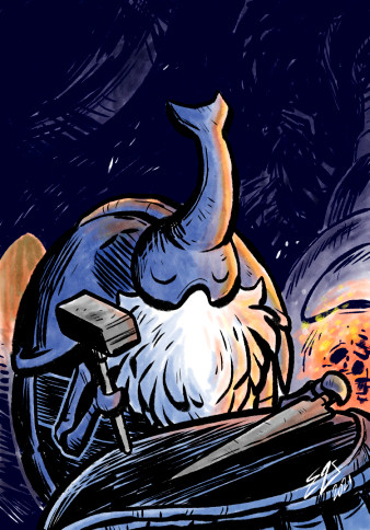 A digital illustration of the Nailsmith from Hollow Knight. He is a blue insect resembling a Rhinoceros beetle, with one large horn on top of his head, and a bushy white beard. He is hard at work forging a nail (bug-sized sword).