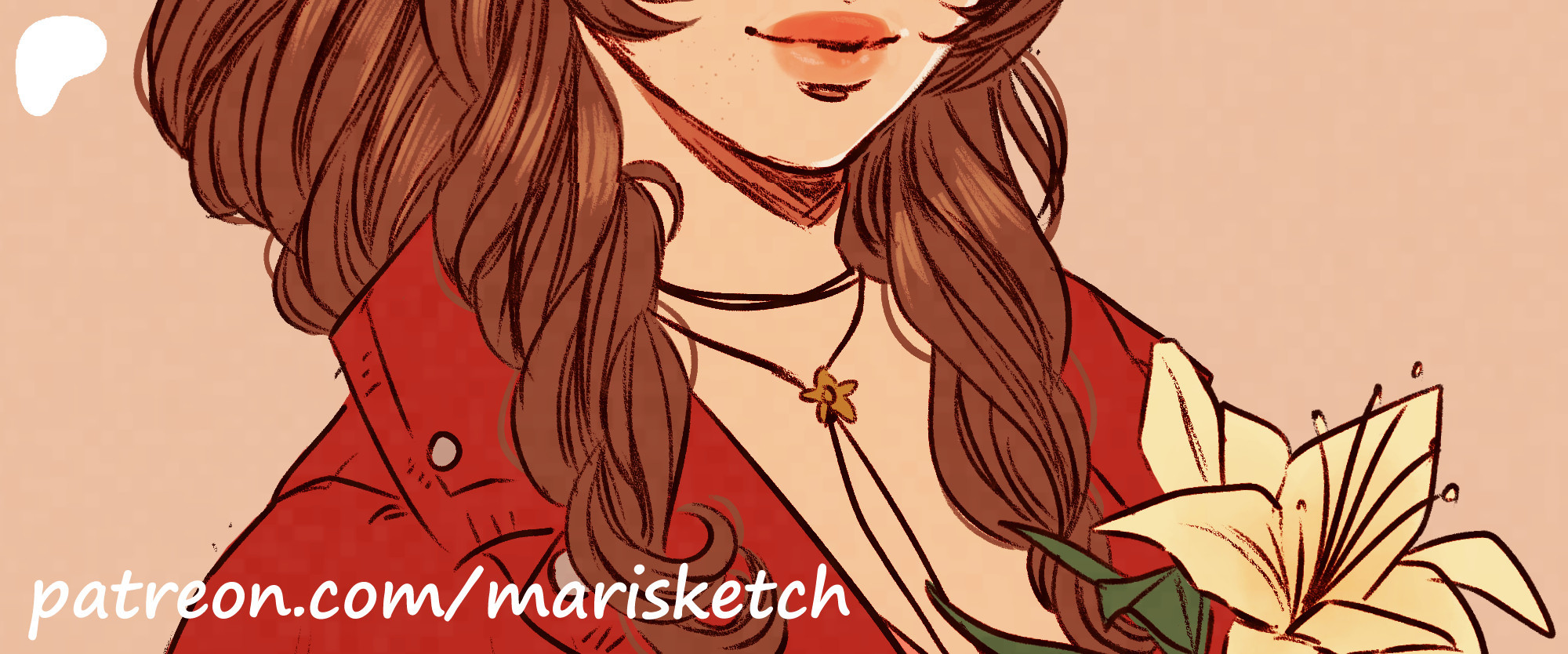 Cropped colored fanart of Aerith Gainsborough from Final Fantasy VII, serving as a preview of the full piece posted to Patreon. The text gives the url and reads 'patreon.com/marisketch'