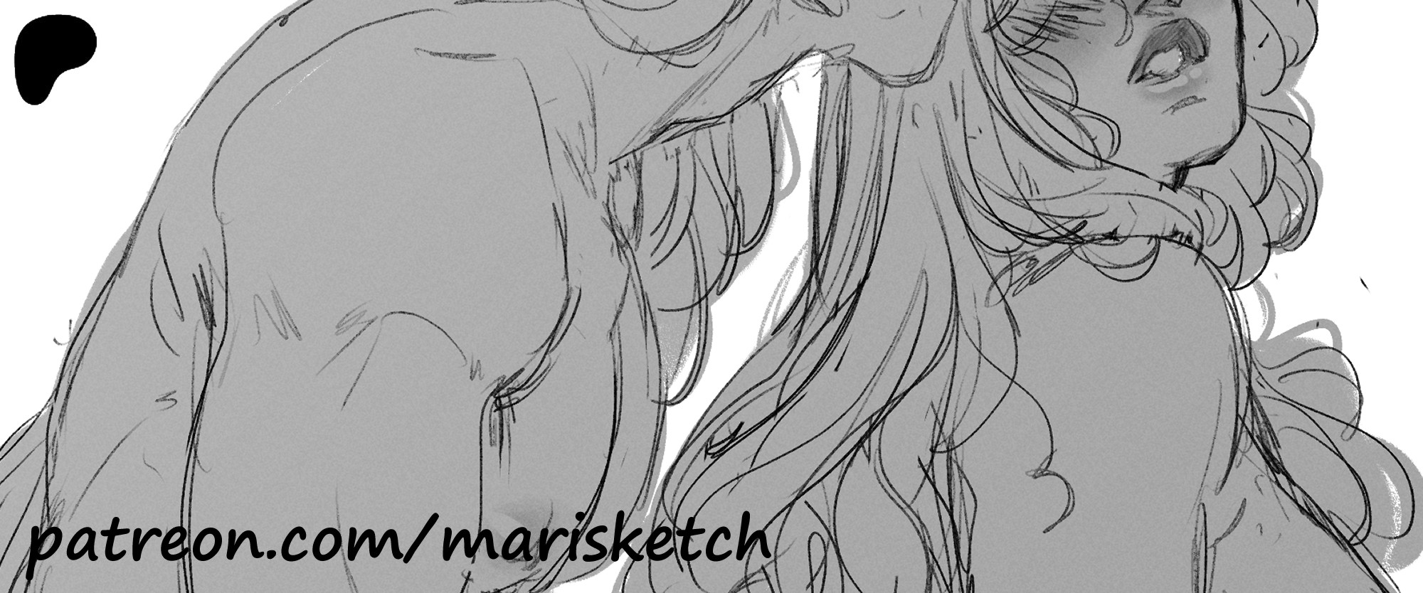 Cropped sketch of the artist's original characters Ryou and Sabine, serving as a preview of the full piece posted to Patreon. The text gives the url and reads 'patreon.com/marisketch'