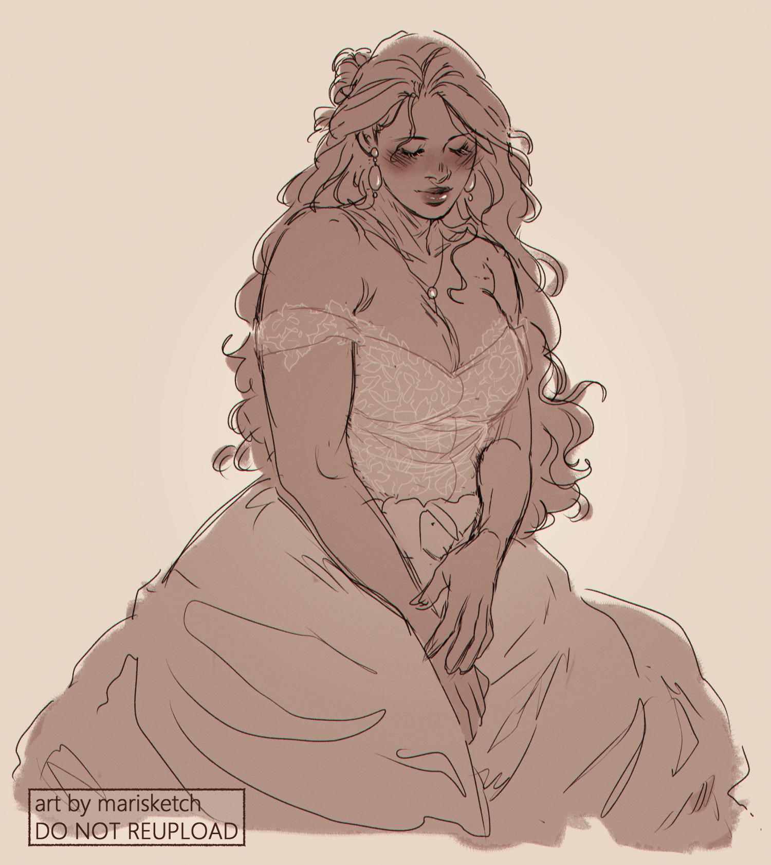 Sketch of the artist's original character Sabine in a wedding dress with a lace corset top. She is sitting with her hands in her lap, her eyes closed and a serene expression on her face.