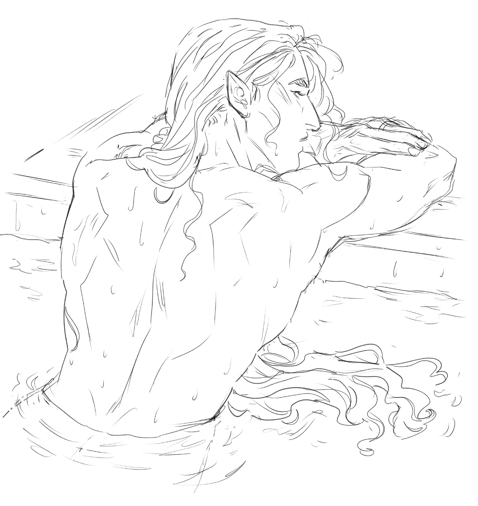 Sketch of the artist's original character Ryou, drawn from the waist up in a pool or other body of water. He has his back to the viewer, his arms crossed in front of him as he leans against the pool's edge, a serious expression on his face. His long hair is loose and wet, the lower part of it floating in the pool.