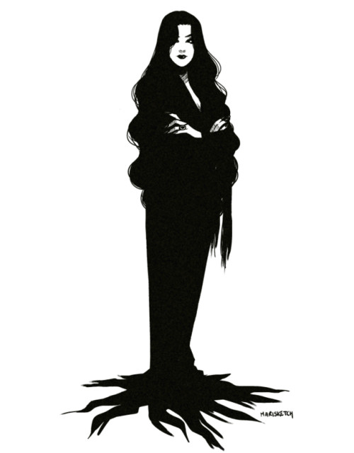 Black and white sketch of Morticia Addams. Her hair covers one of her eyes and her arms are crossed. Her full-length dress extends in tendril-like segments around her.