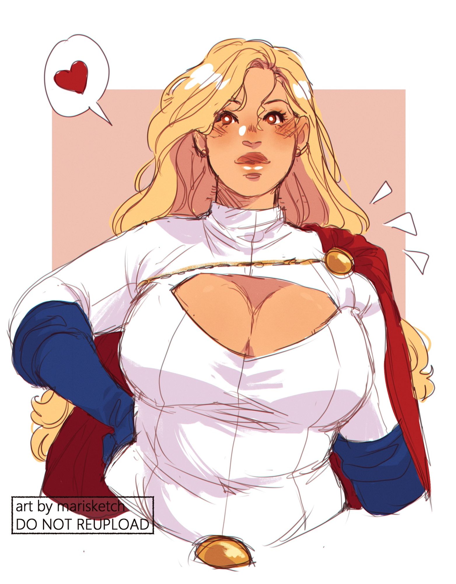 Colored sketch of the artist’s original character Sabine dressed as Power Girl, drawn from the waist up. She has one hand on her hip and is looking to the viewer’s left, a heart drawn by her head.