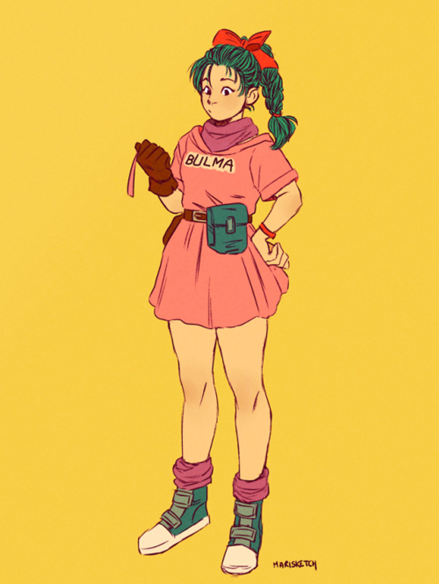 An old colored sketch of Bulma from Dragon Ball. She is wearing her pink t-shirt dress with her name in caps across her chest, and her hair is pulled back into a high braid. She is also wearing blue sneakers, pink rolled socks, a scarf, and a belt with pouches on it. One hand is on her hip as she studies something in her other, gloved hand. The background is filled in solid yellow.