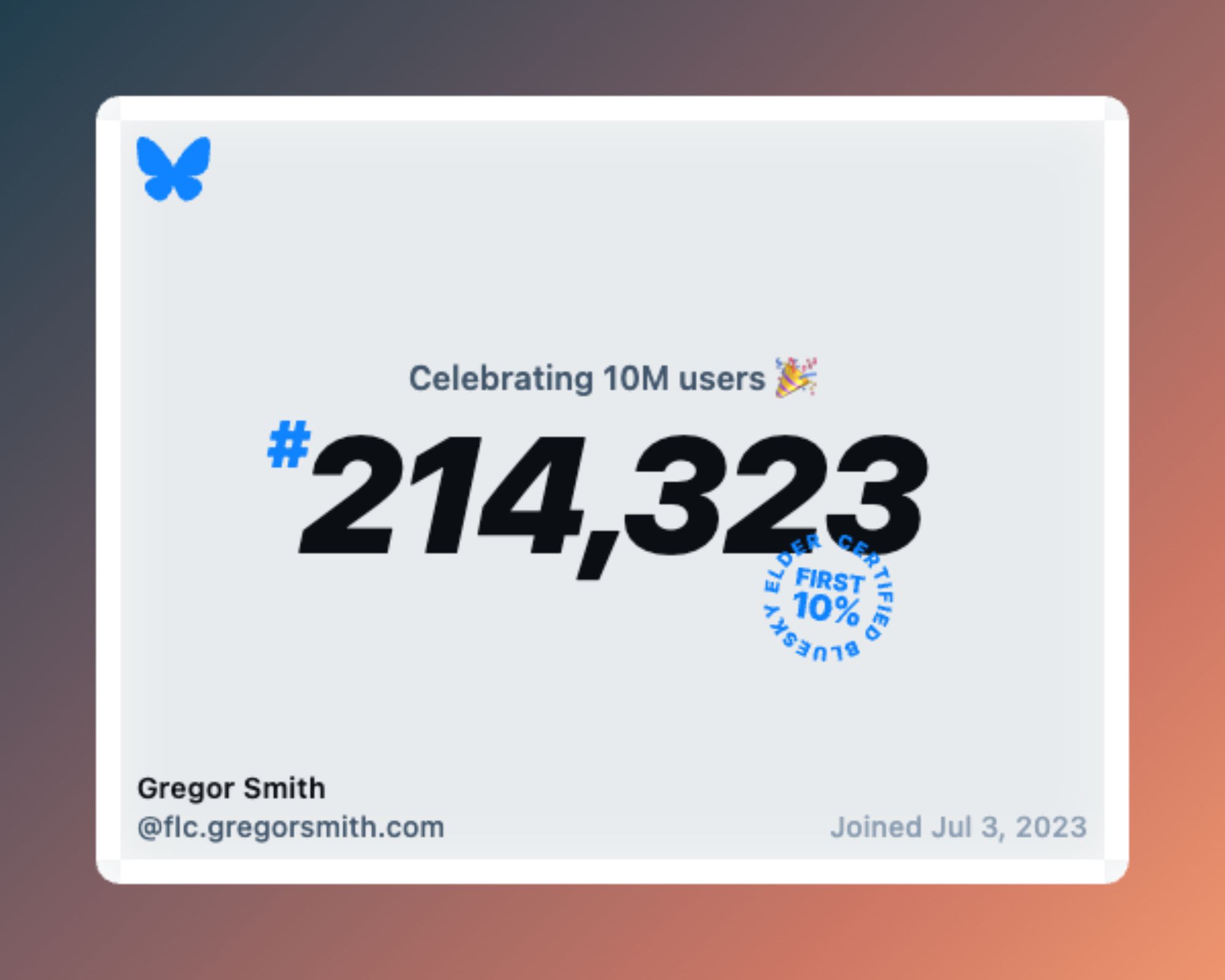 Celebrating 10m Bluesky users. I'm #214,323