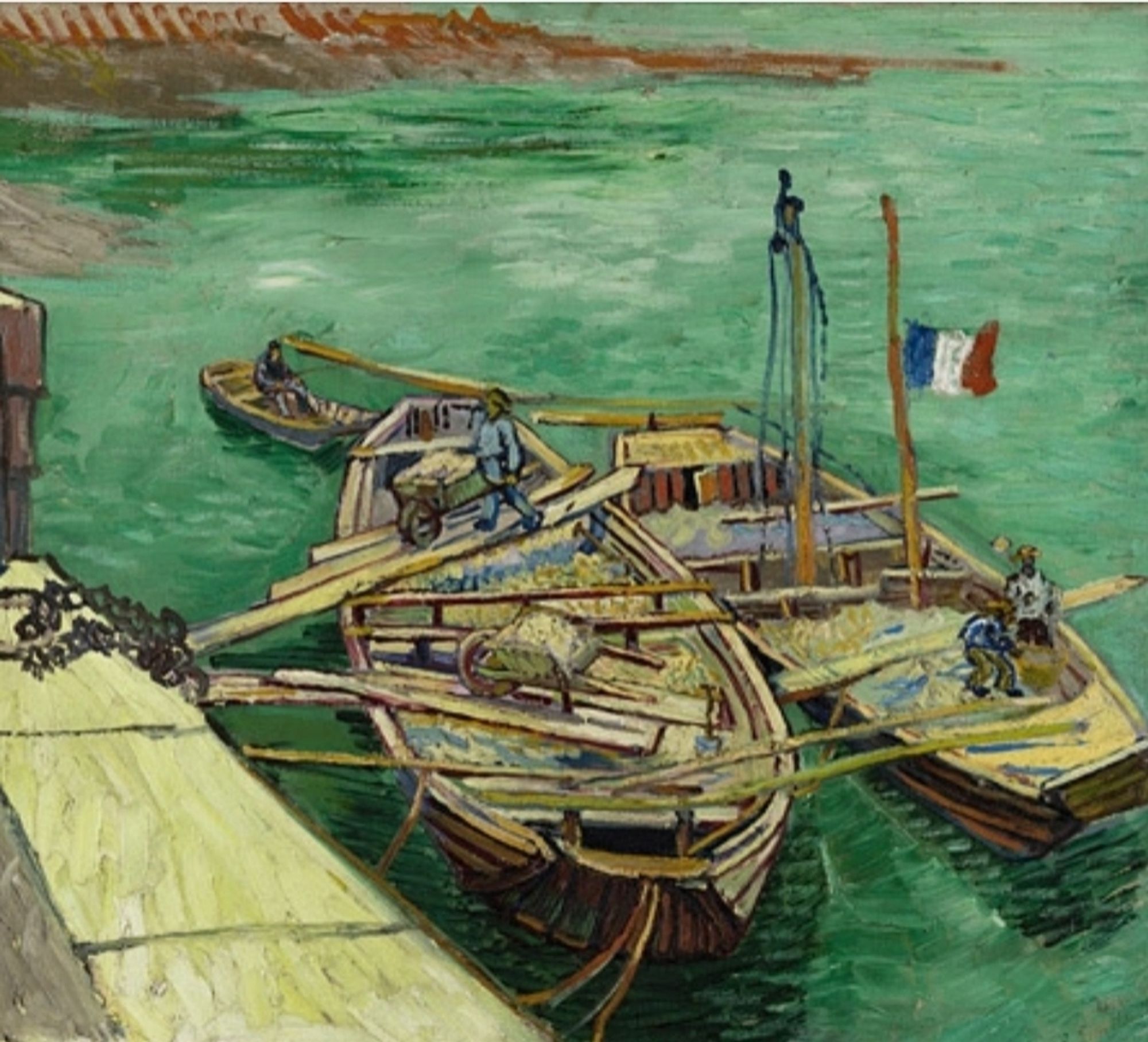 Van Gogh painted this oil study in the summer of 1888 in Arles. In a letter to his brother Theo, he described the motif, which he had previously captured in a drawing: "At the moment I am working on a study [..] boats, seen from a quay, from above. The two boats are purplish pink, the water is very green, no sky, a tricolor flag on the mast. A workman with a wheelbarrow is unloading sand. I have a drawing of it too." Specifically, the scene is situated on the landing place on the left bank of the Rhone not far from the Place Lamartine, just a few steps away from van Gogh's studio at the time. The filigree depiction of the boats and their loads, the landing stage, the rudder and the masts give the impression of a rocking, unsteady plane over the and the masts give the impression of a rocking, unsteady plane over the water which supports the massively reinforced bank and the heavy chain.