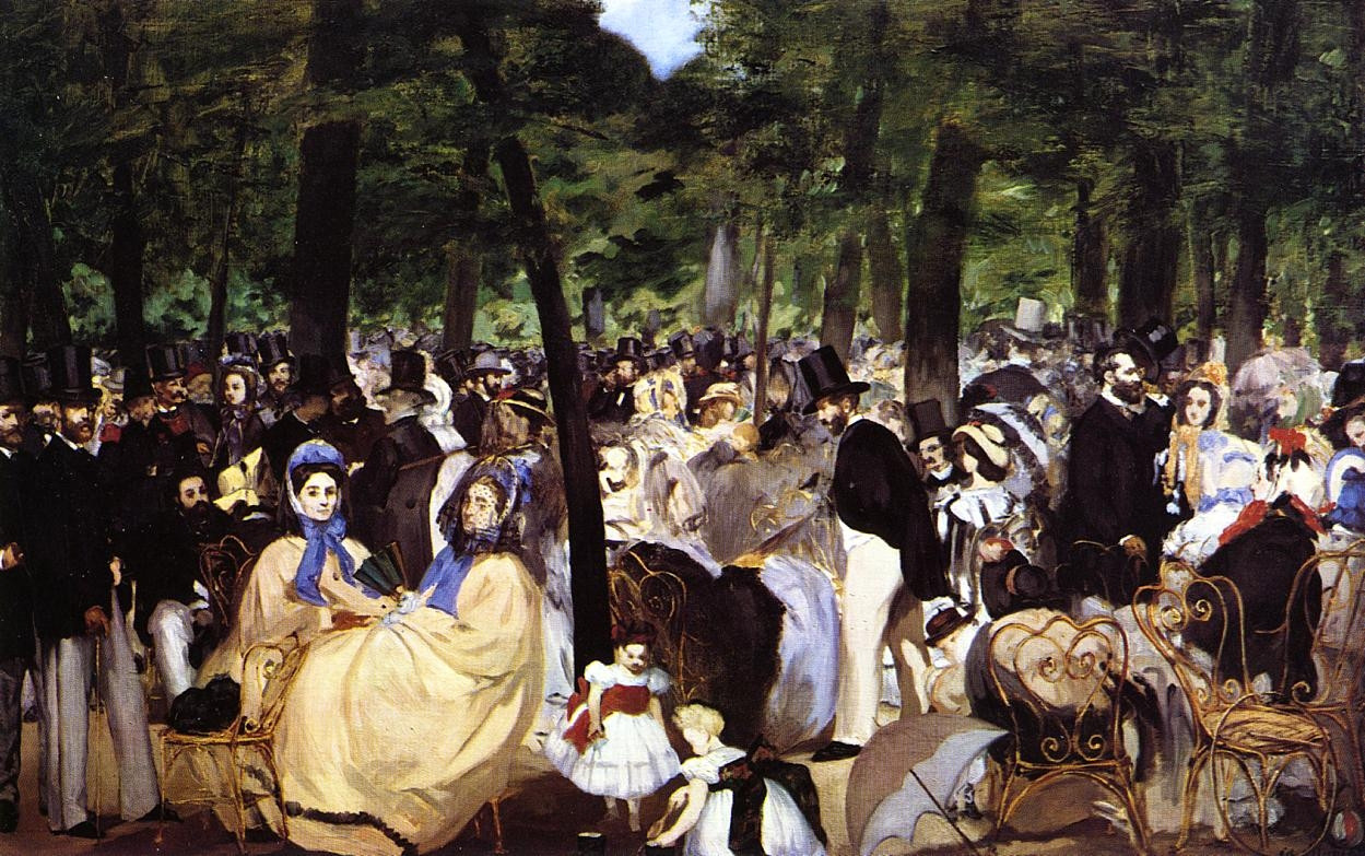 One of Manet's earlier paintings, Music in the Tuileries shows the influence of Frans Hals and Diego Velázquez on Manet's artistic style. The quick visible brush strokes seemed to some to indicate that the painting was not finished, but it is a true representation of what the Tuilerie gardens were like,
crowded and full of noise. Manet, whose paintings often depicted scenes of leisurely activities, has included many of his friends as well as a self portrait in this work. Among the figures you can find Charles Baudelaire, Theophile Gautier, Henri Fantin-Latour, Jacques Offenbach, Manet's brother Eugene, and a self
portrait of the artist himself.