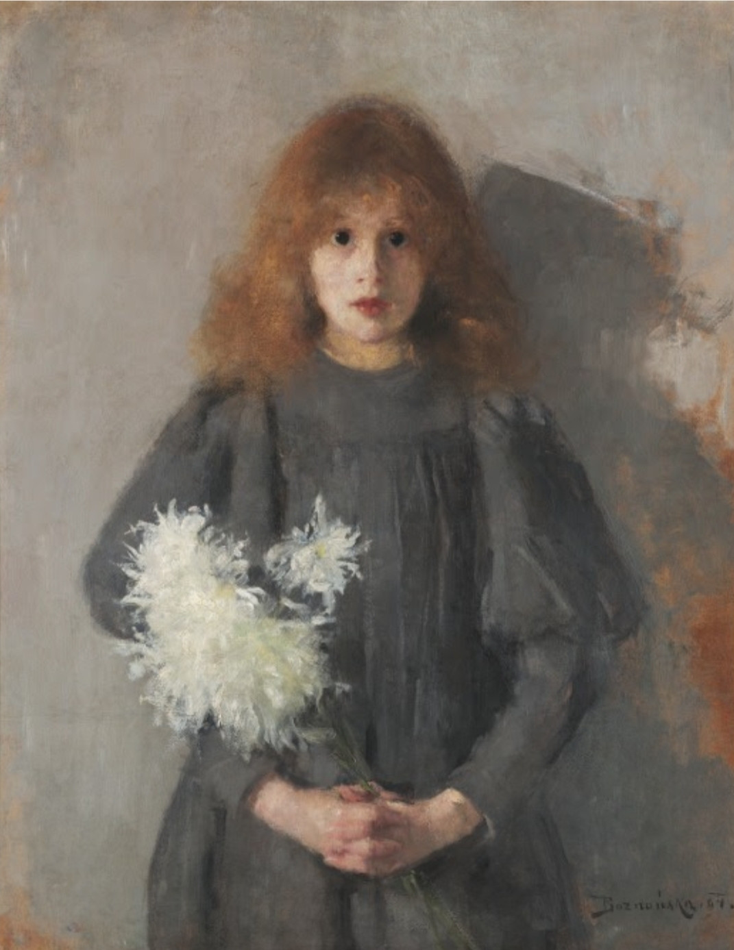 In 1894 in Munich, Boznańska's Girl with Chrysanthemums, one of her best pieces, was created - a true display of color limited to subtle shades of silver-grey hues, captured in the form of delicate brush strokes. In the image of the girl, shown against the background of the neutral, white and greyish wall, the artist created a new type of children's portrait that breaks with the convention of presenting small models in elegant outfits, in refined and stylish interiors.

Unusually serious for her age, thelonely girl dressed in a modest dress is holding lightly-coloured
chrysanthemums with her entwined hands, she attracts attention with her pale face with large eyes that are amazing in their blackness, shining like in a fever. The expression of these eyes looking directly, with tension, curiosity and boldness makes the girl, like a hypnotist, establish a psychological connection
with the viewer.

The portrait exudes a pensive, sad mysterious and vague aura, similar to the aura of the poems of Maurice Maeterlinck, known and appreciated by Boznańska. This similarity was noticed by William Ritter in 1896 in the Parisian Gazette des Beaux-Arts. In his opinion, in this portrait "a girl with strange disquieting eyes, as if two drops of ink spilling out onto the morbidly pale face, a contemporary ideal of Maeterlinck's character. It is an enigmatic child that will drive mad those who scrutinise her for too long(.). The girl is so frightening, so pale and so white that
she sends shivers up the spine."