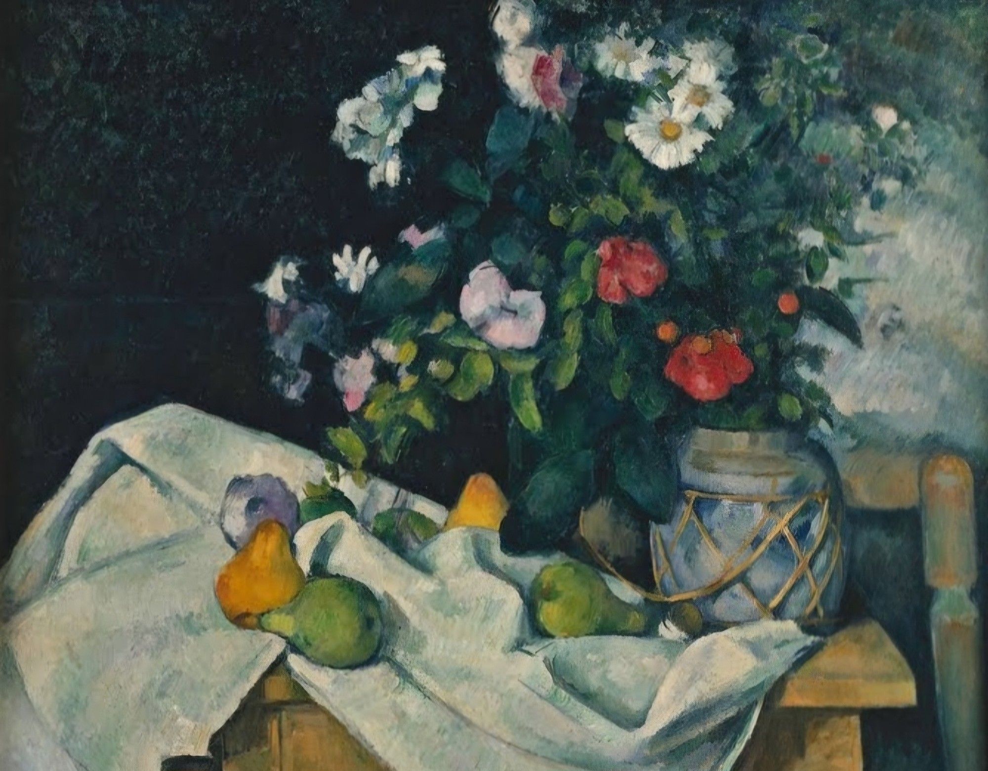 In the 1880s, Cézanne's work centered around still lifes. He produced over 170 paintings in this genre, with the same elements but rearranging them in order to arrive at new formal and painterly answers. A wooden table, a tablecloth, fruits, and a ginger jar were all items in his standard repertoire, with the addition here for the first time of a generous bunch of wildflowers - daisies, carnations, and poppies. None of Cézanne's other still lifes are so rich in decorative detail, yet the space retains its simplicity of character, and the work retains its formal rigor. The opulence of the right-hand side of the image is balanced by the dark background and the cool, white tablecloth. The individual objects are sensually portrayed and relate in a somewhat monolithic manner to each other and to the picture space They are an expression of Cézanne's search for the being of things, which in itself comes through particularly in his style of painting.