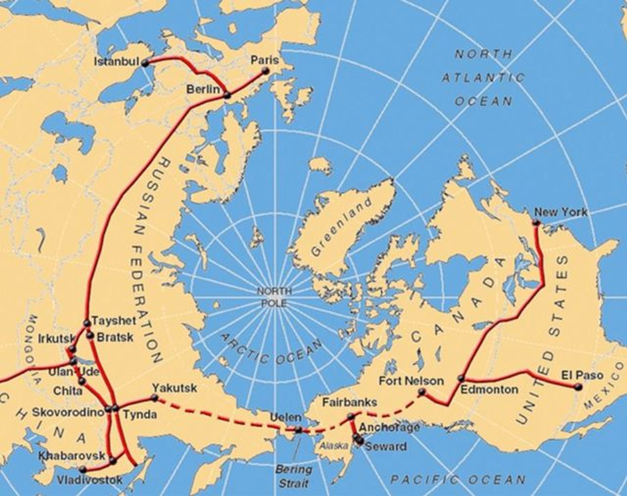 Proposed New York, USA, to Paris, FRA, railway
Only 90km/55miles over/under the Bering Sea...

#transit #HSrail