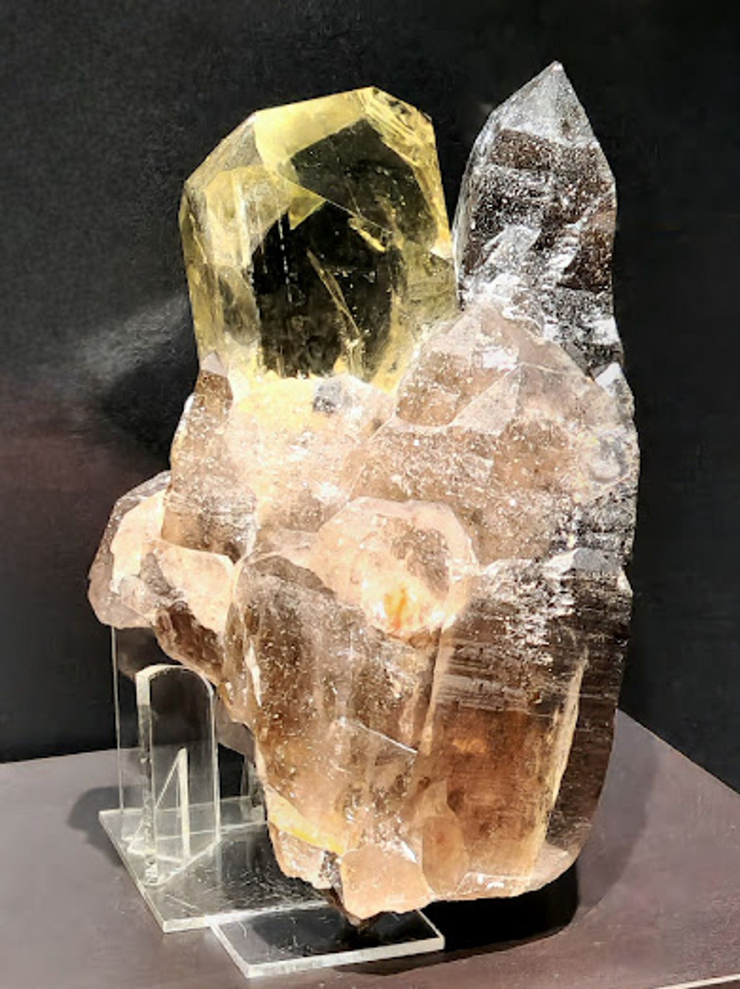 Transparent yellow topaz, clear quartz and smoky quartz.