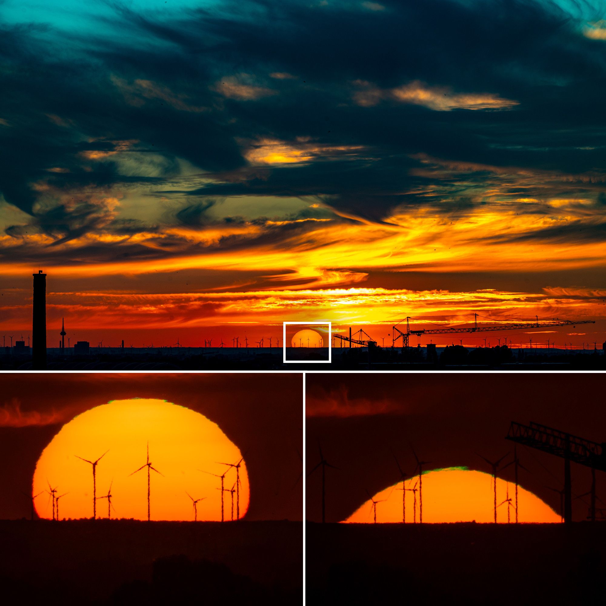 Montage aus drei Fotos: ein großes zeigt das Farbspiel beim Sonnenuntergang am Horizont von rot-orange bis zu blau mit wilden Wolken dazwischen; ein stärker herangezoomter Ausschnitt zeigt die Sonnenscheibe hinter Windrädern und an ihrem obersten Rand dünn grünliche Bereiche