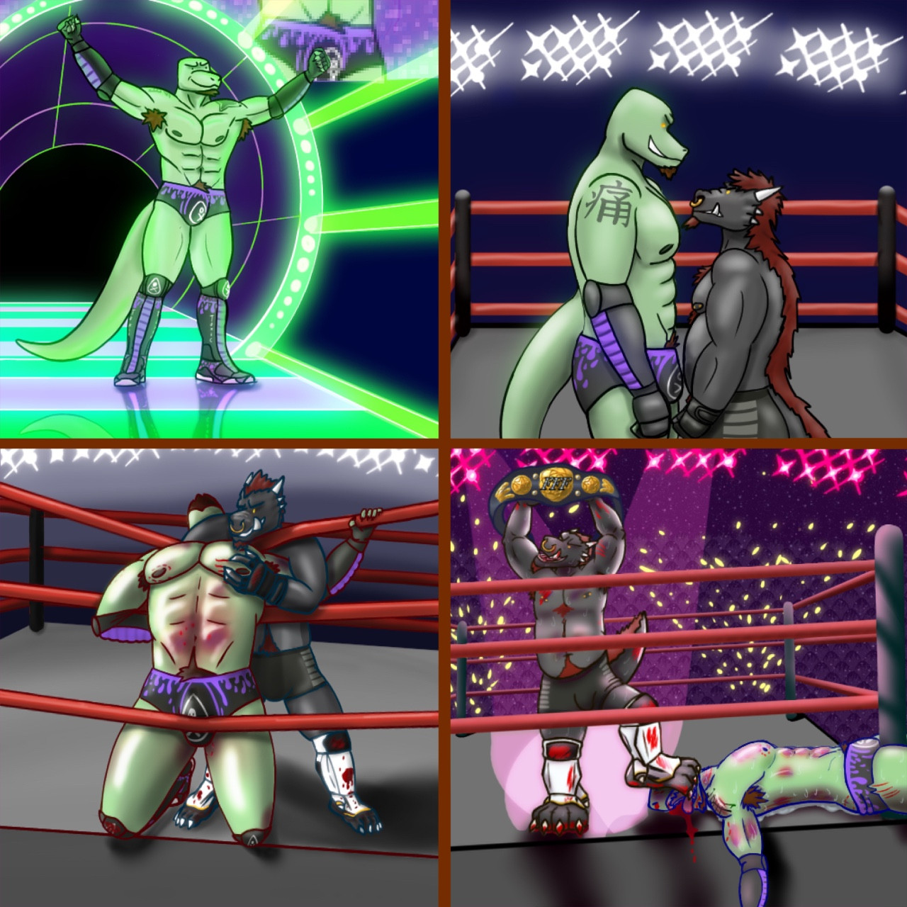 A 4 paneled wrestling comic. Panel 1: Itami, a Komodo dragon stands proudly and flexes as he enters the arena. Panel 2: in the ring, he faces his opponent, Terra, a much shorter kobold. Panel 3: Terra has Itami kneeling and trapped in the ropes choking him out. Panel 4: Itami laid out on the mat and bloody with Terra stomping on his face and holding the championship belt up high while the lights flash and pyrotechnics go off announcing his victory and Itami’s loss(.jpeg)