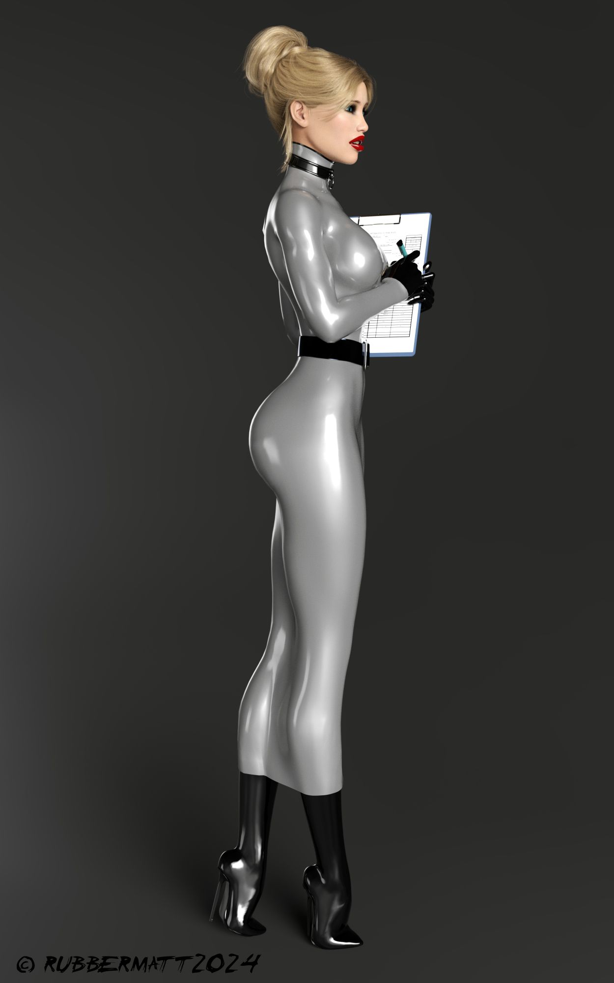 3D render of blonde woman in latex catsuit with integral heels wearing a hobble skirt dress over the suit.