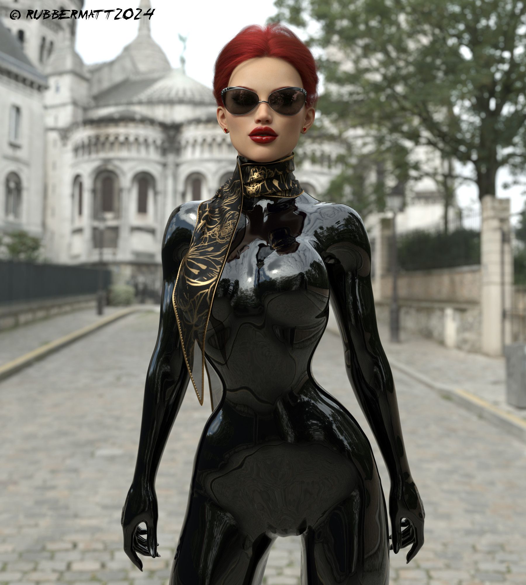 3D reder of a redheaded woman in a skin tight latex street, wearing sunglasses & a silk scarf around her neck, standing on a cobble stone leafy suburb.