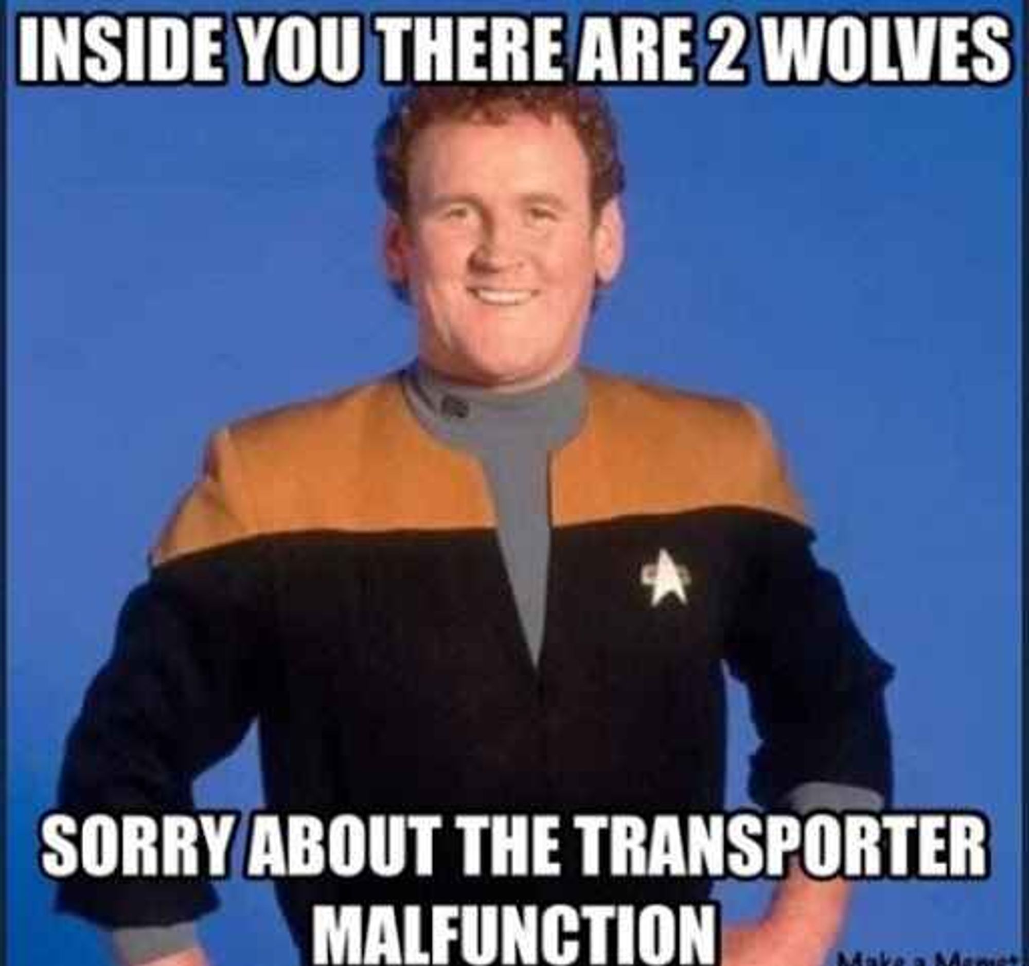 Image of Chief O'Brien from Star Trek Next Generation & Deep Space Nine.
Caption - Inside you there are 2 wolves.
Sorry about the transporter malfunction.