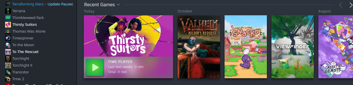 The Steam backlog showing Today's game of Thirsty Suitors next to other games like Valheim, Snacko, Viewfinder, and Cassette Beasts