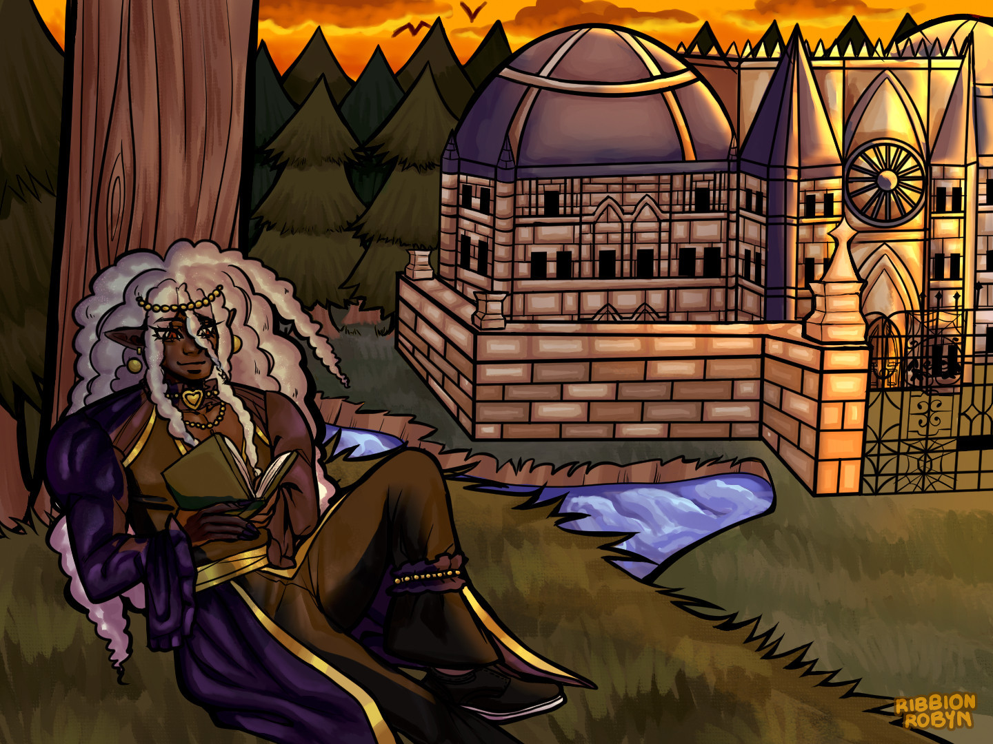 Constantine, a muscular dark-skinned man with curly white hair leading to his back sits on a hill against a tree, Constantine is dressed in a black sheer shirt with a v-cut shape letting air onto his chest, the sleeves are gold trim around the shoulder, and purple as well as shiny. He is wearing an array of golden jewelry with beads adorned across his forehead into his hair, a beaded necklace, and one around purple ruffles placed around his left calf ontop of his black pants. He has a ruffle choker with golden beads in the middle leading to a heart locket in the middle. 

The foreground includes a gothic-inspired tan and blue castle that is illuminated with the golden sun on its left side, right side of this painting. There is a river with shades of blue and highlighted teal leading towards the left. Around everything on the left side of the painting is a line of forest trees of different shades of green leading from lighter to darker as they get further back.