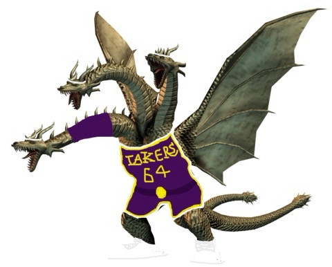 King Ghidorah in an LA Lakers jersey, white shoes, and white headbands