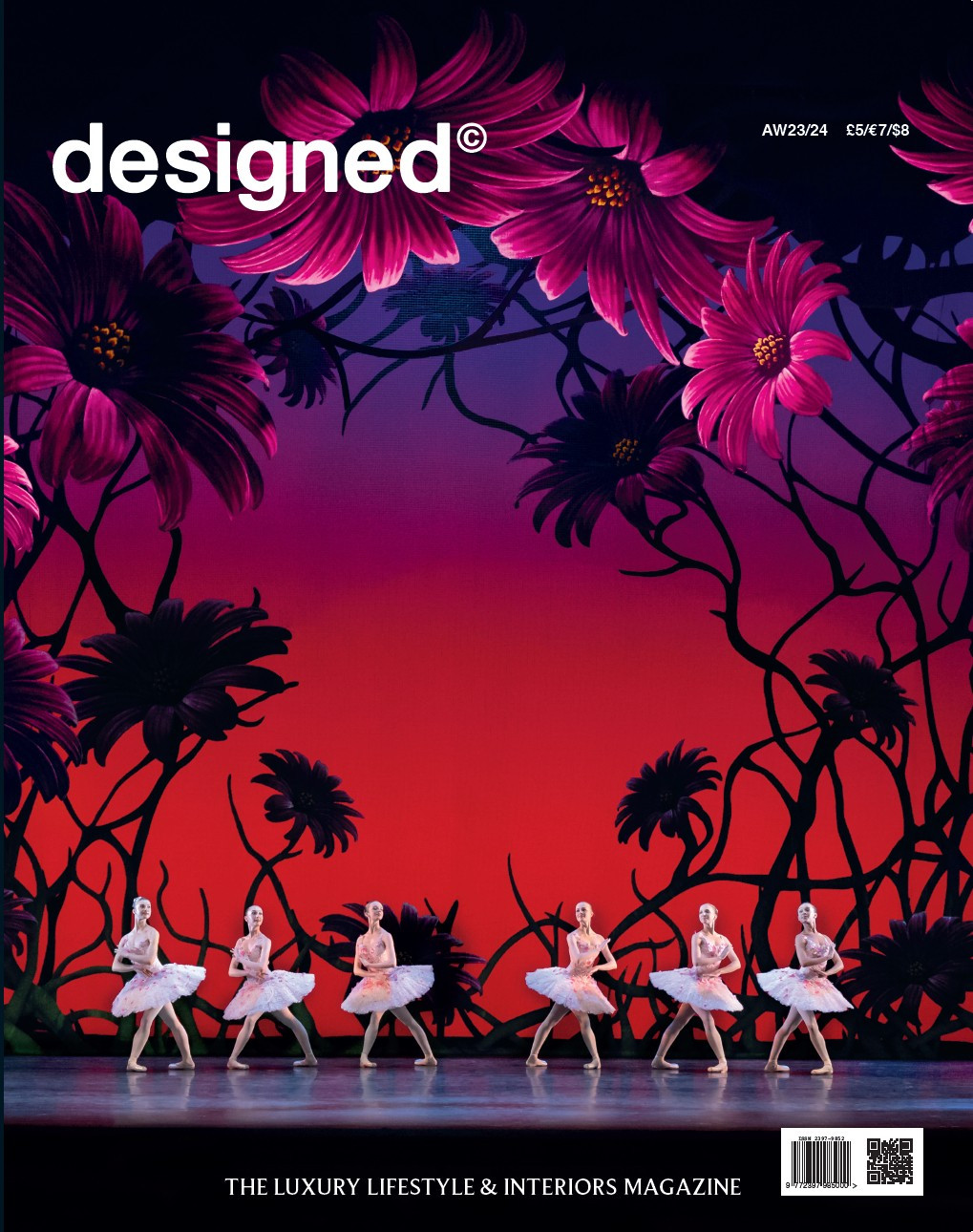 Ballet dancers pose under a backdrop of pink flowers with silhouettes on a red to blue ombre base