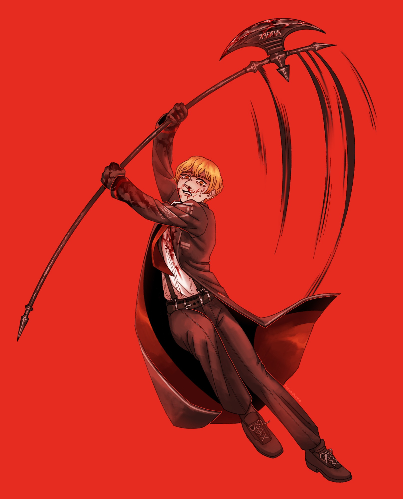 Art of Sinclair from Limbus Company. Sinclair is in the middle of an action pose in which he is swinging his halberd. His face is frightened, and blood covers his face, shirt, arms, and weapon. The background is striking solid red.